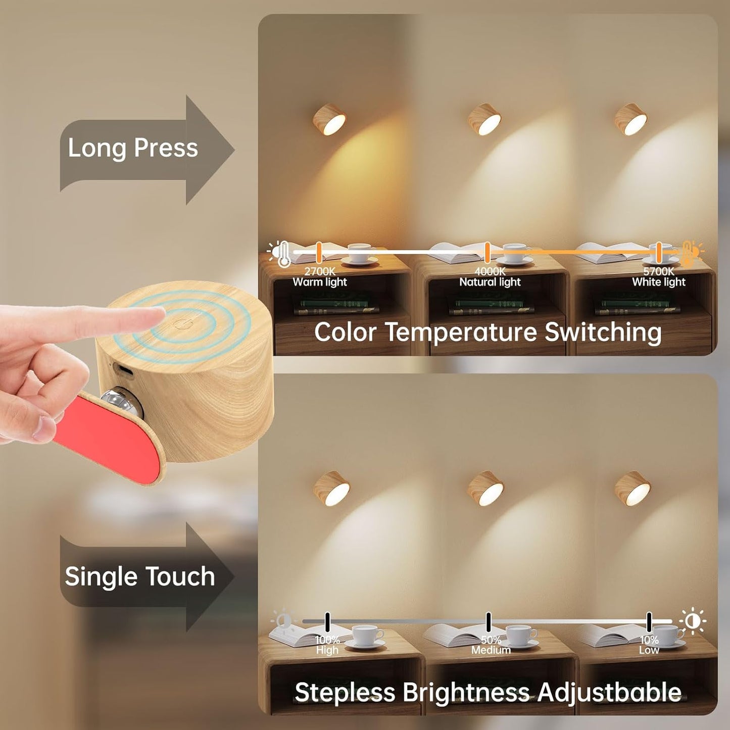 Battery Operated Wall Sconces Set of 2, Magnetic Cordless LED Wall Lights with 3 Color Temp & Dimmable Touch Control, 360° Rotating Rechargeable Wall Lamp, Reading Light for Bedroom & Bedside