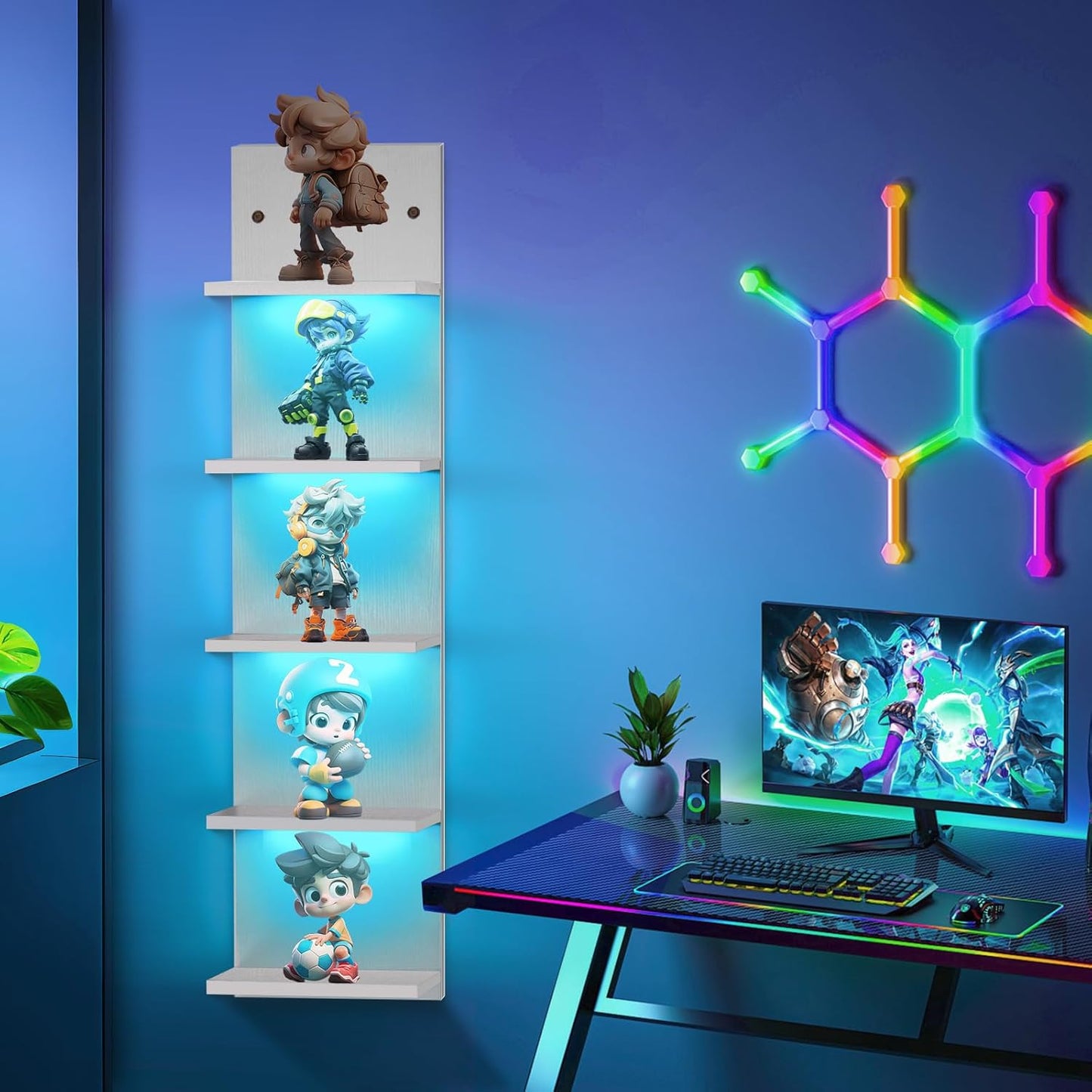 White 5 Tier Display Shelf Case with Lights LED Wall Mount Vertical Lack Shelf Wall Decor RGB Lighting for Bedroom Living Room Gaming Floating Shelves