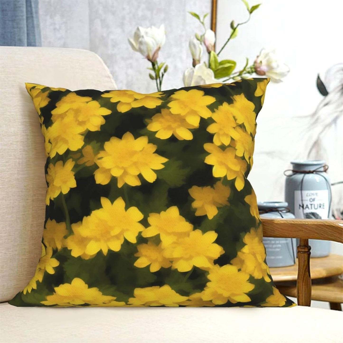All-Season Square Pillow Covers 18"X18", Yellow Flowers, Decorative Throw Pillow Covers for Sofa Bed Couch, Hidden Zipper Cushion Cover, Square Lumbar & Accent Pillowcases for Home Decor