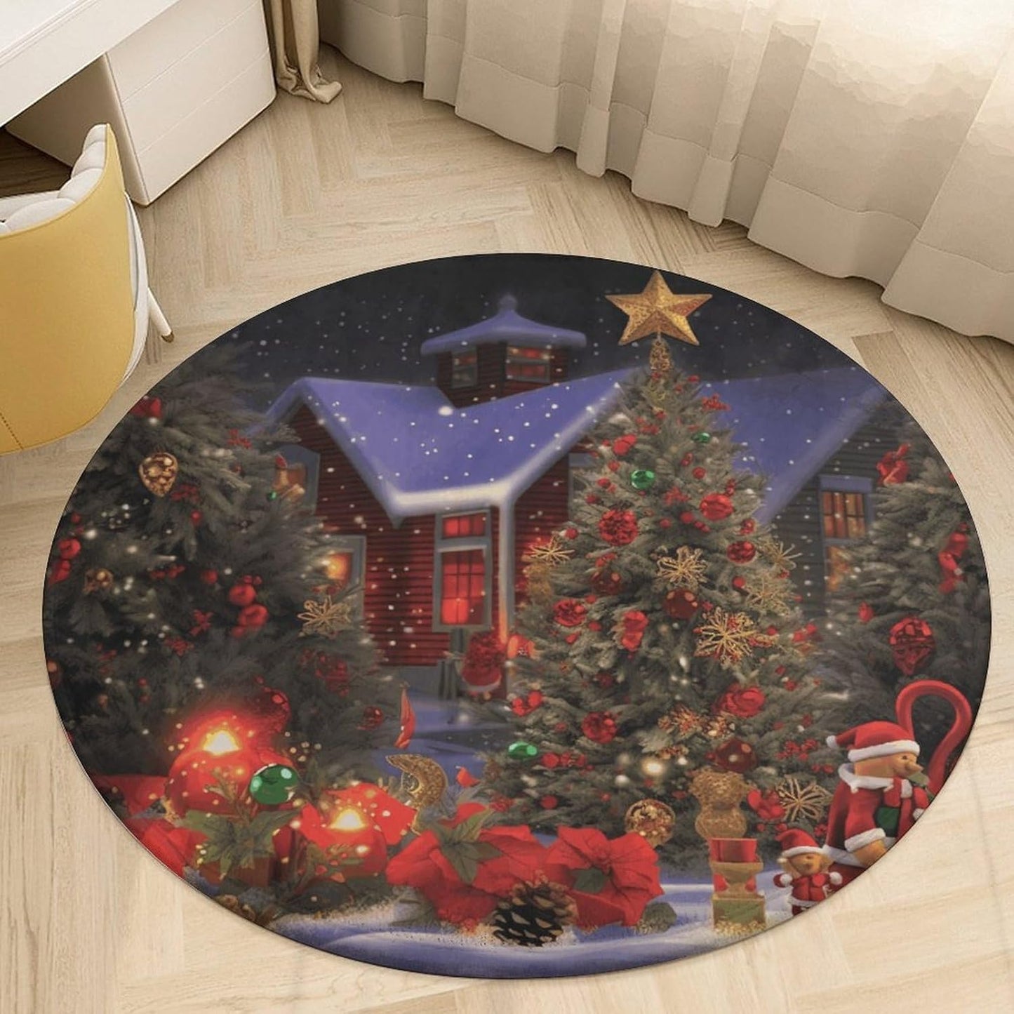 Christmas Cheer Circle Rug Retro Luxury Coral Velvet Floor Mat Non Slip Soft Indoor Floor Carpet Comfy Thickened Area Rugs Modern Aesthetic Minimalist Carpets for Home Decor