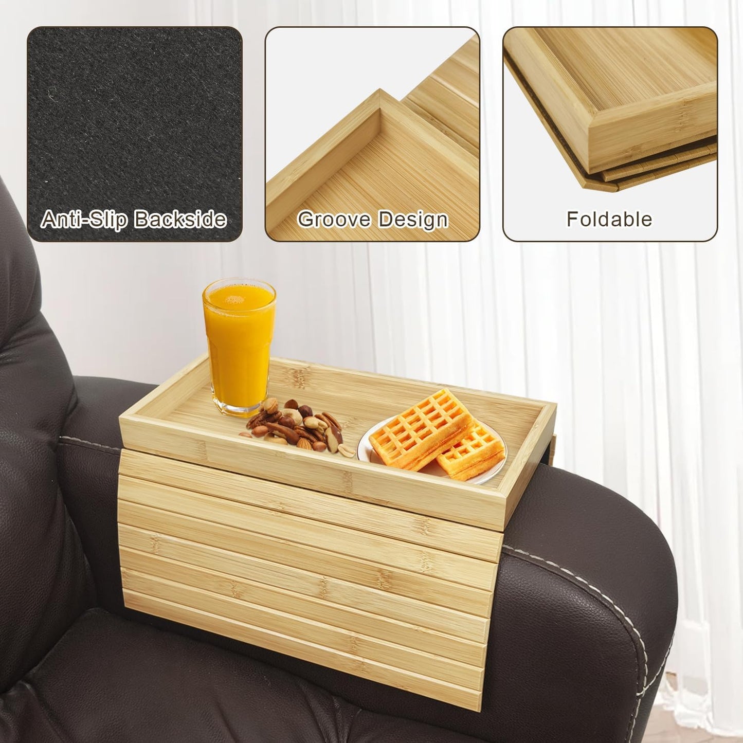 Bamboo Foldable Sofa Armrest Tray - Anti-Dropping Couch Arm Table for Phone, Cups, Snacks, Drinks - Flexible and Foldable - Gift for Housewarming, Birthday