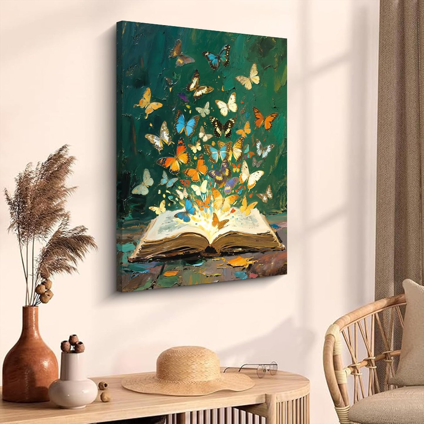 Colorful Butterfly Canvas Wall Art Framed (12x16 In) Retro Books Oil Painting Style Wall Decor Picture,Abstract Book Butterfly Wall Art Magical Library Print,Gift for Girls Bedroom Nursery Home Decor