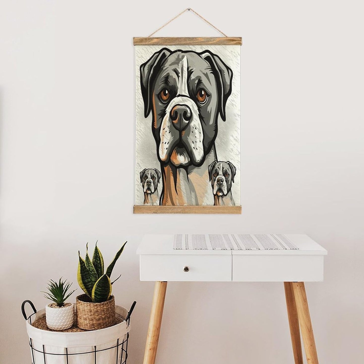 Vintage American Bulldog Head Poster with Wooden Frame Personalized Linen Hanging Scroll Painting Rustic Wall Hanging Illustrative Modern Artwork Decor for Home Living Room Bedroom Office