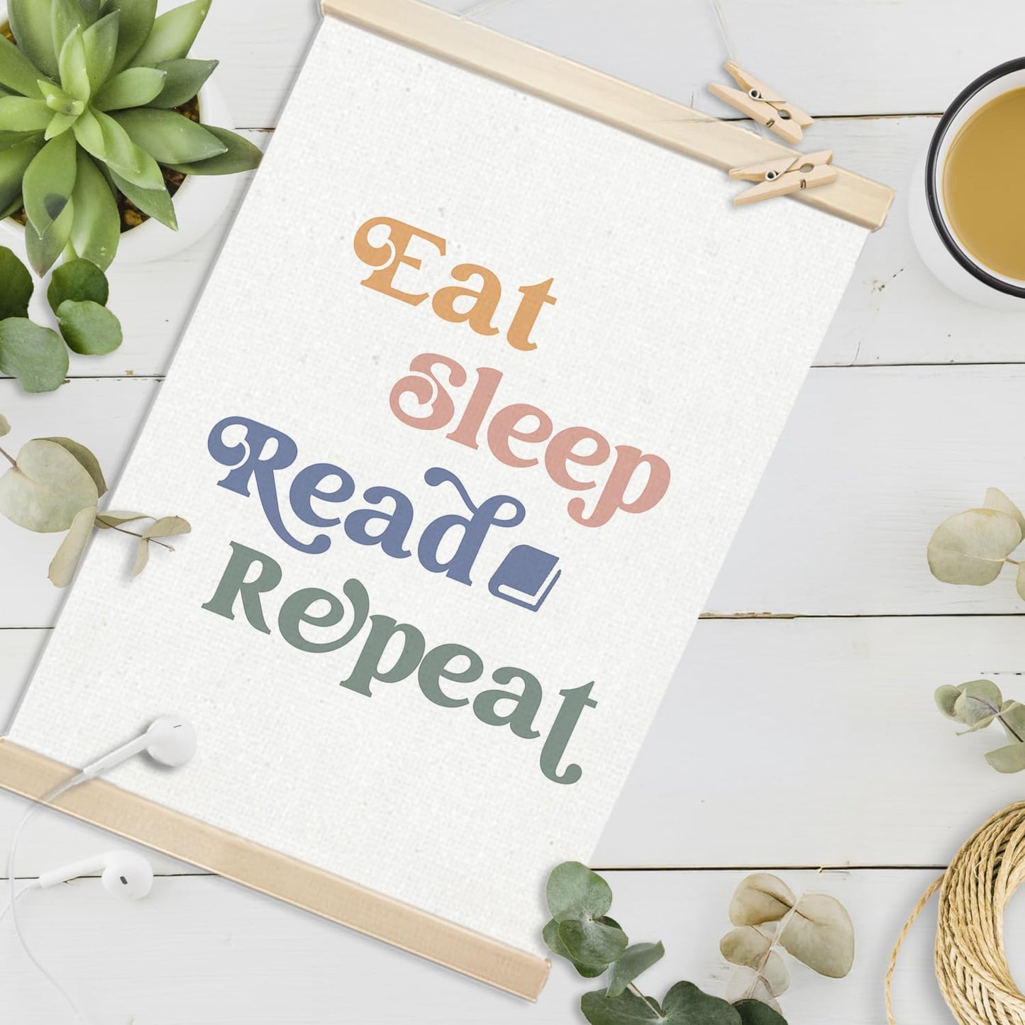 Voxitura Eat Sleep Read Repeat Poster Hanger Frame, Nursery Classroom Wall Decor Art Canvas for Book Lovers Library Reading Nook Corner, Educational Prints for Wall Hanging Decor Banner 12x16in