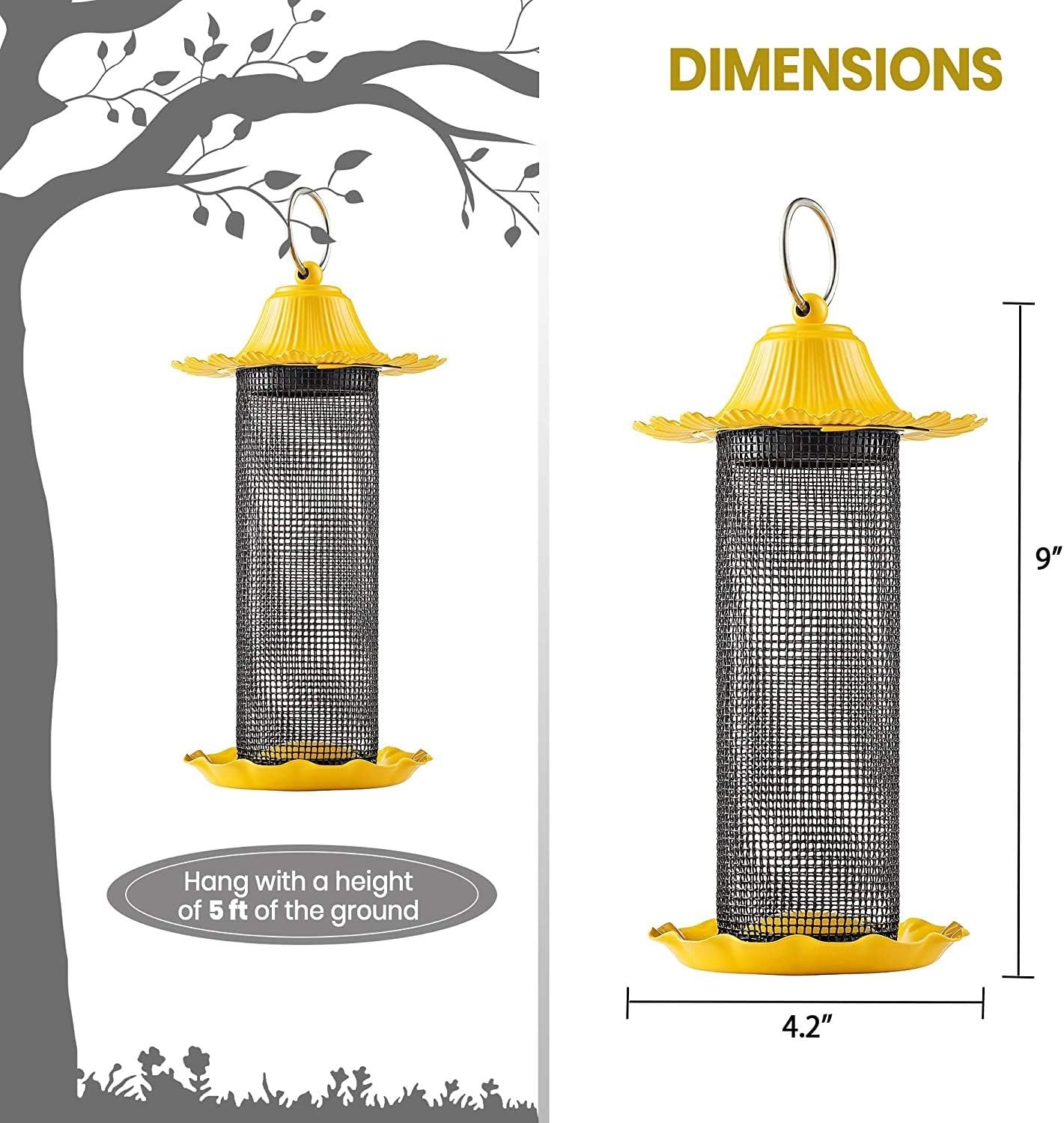 Finch Bird Feeders for Outside [Set of 2] 0.5 LB Capacity Yellow Wild Bird Feeders, Seeds Attracts Small Birds to Backyard & Garden. Tube Bird Feeders for Outdoors.