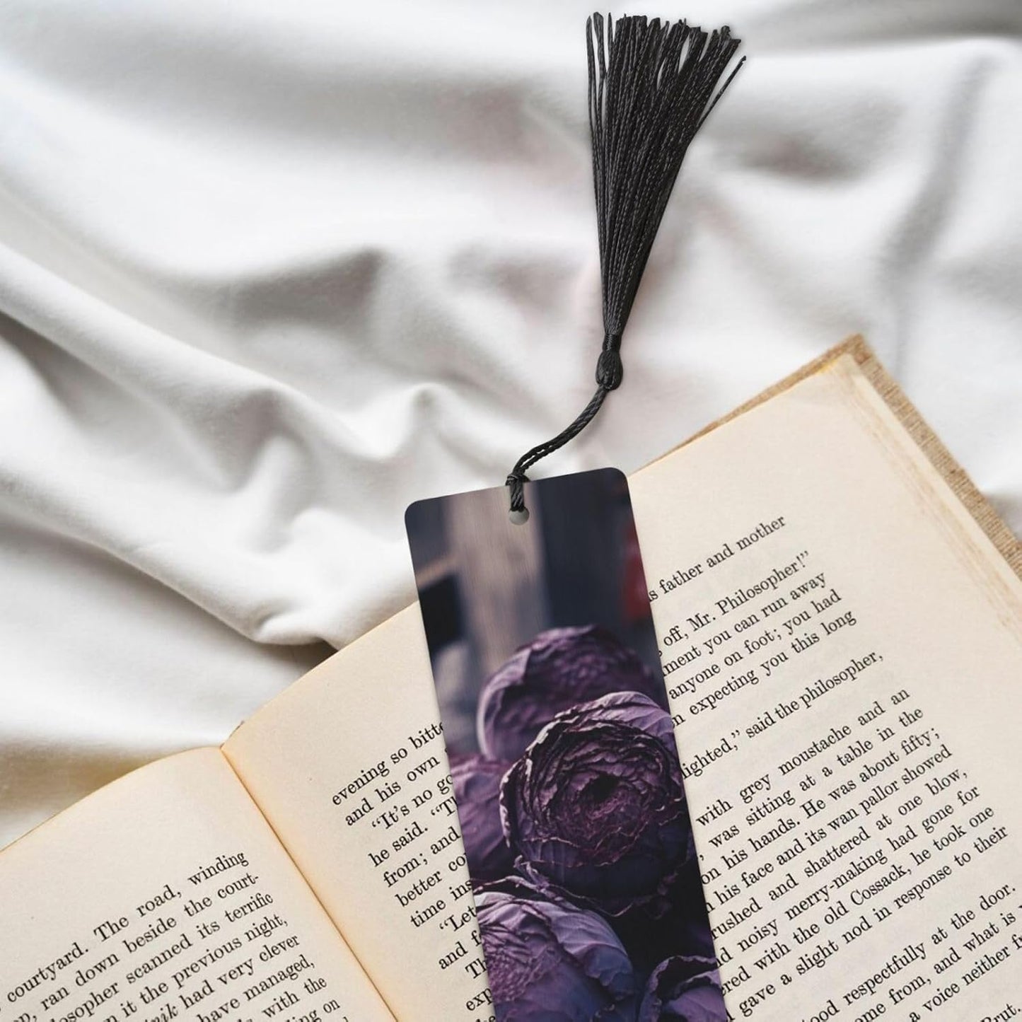 Purple Cabbage Bookmarks Gifts for Women Men, Wooden Bookmarks for Book Lovers, Vintage Book Marks Ornaments with Tassel, Unique Personalized Reading Page Markers Black