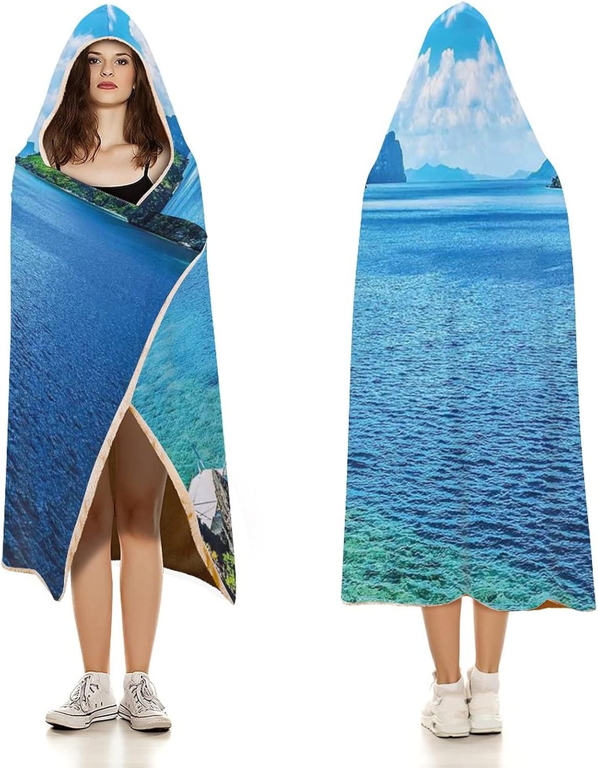 Throw Blankets, Nature Women Men Hooded Blanket, Scenic View Sea Bay and Mountain Islands in, Soft Warm Cozy, 40 x 50inches, Studying Reading Snuggling Napping Office, Blue Green White