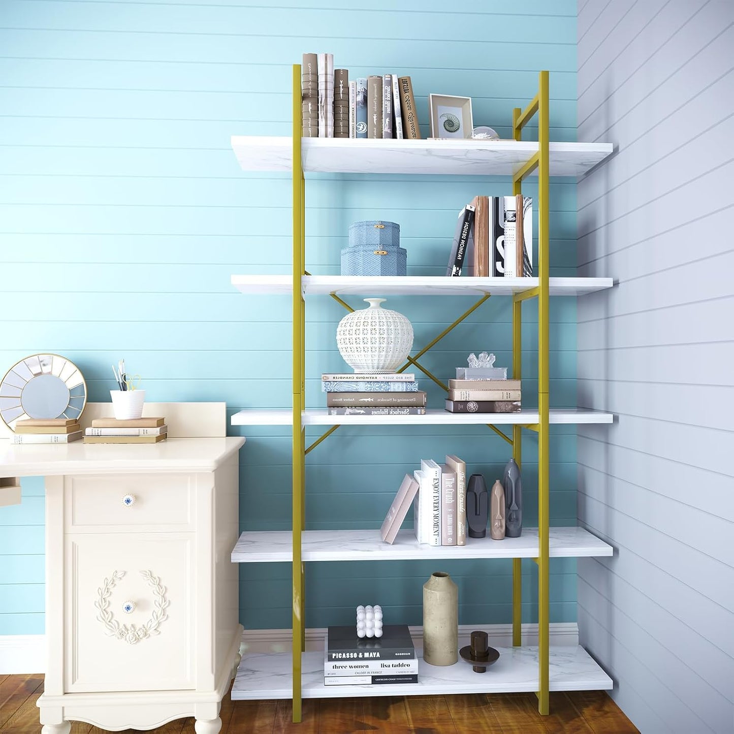 5 Tiers Bookshelf Organizer White Faux Marble Shelf,Modern Open Display Storage Bookcase, and Metal Bookshelf Standing Storage Shelf Tall Shelving Units for Home Office Study