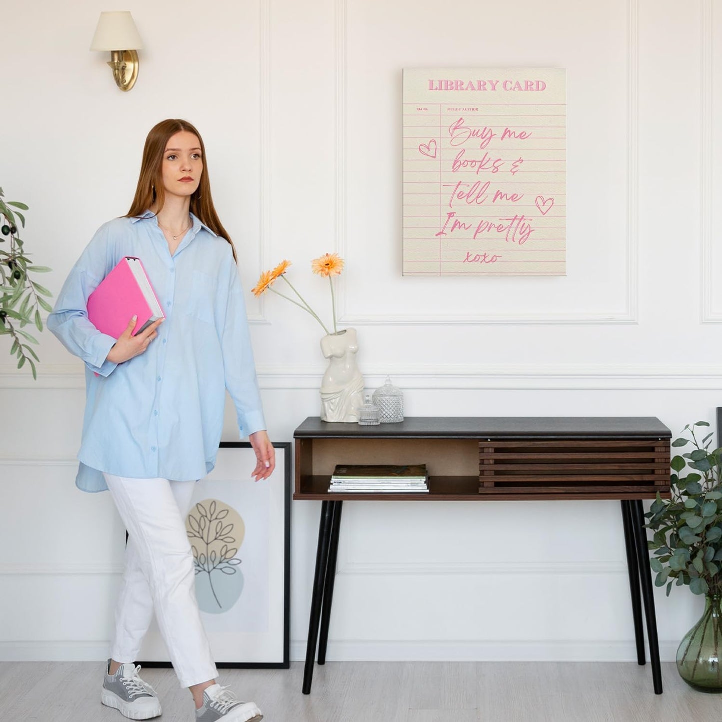 APJYM Trendy Preppy Pink Book Reading Wall Art, Buy Me Books and Tell Me I'm Pretty Library Card Canvas Wall Art for Classroom Girls Room Dorm Reading Nook Corner Room, 11x14 Inches Framed