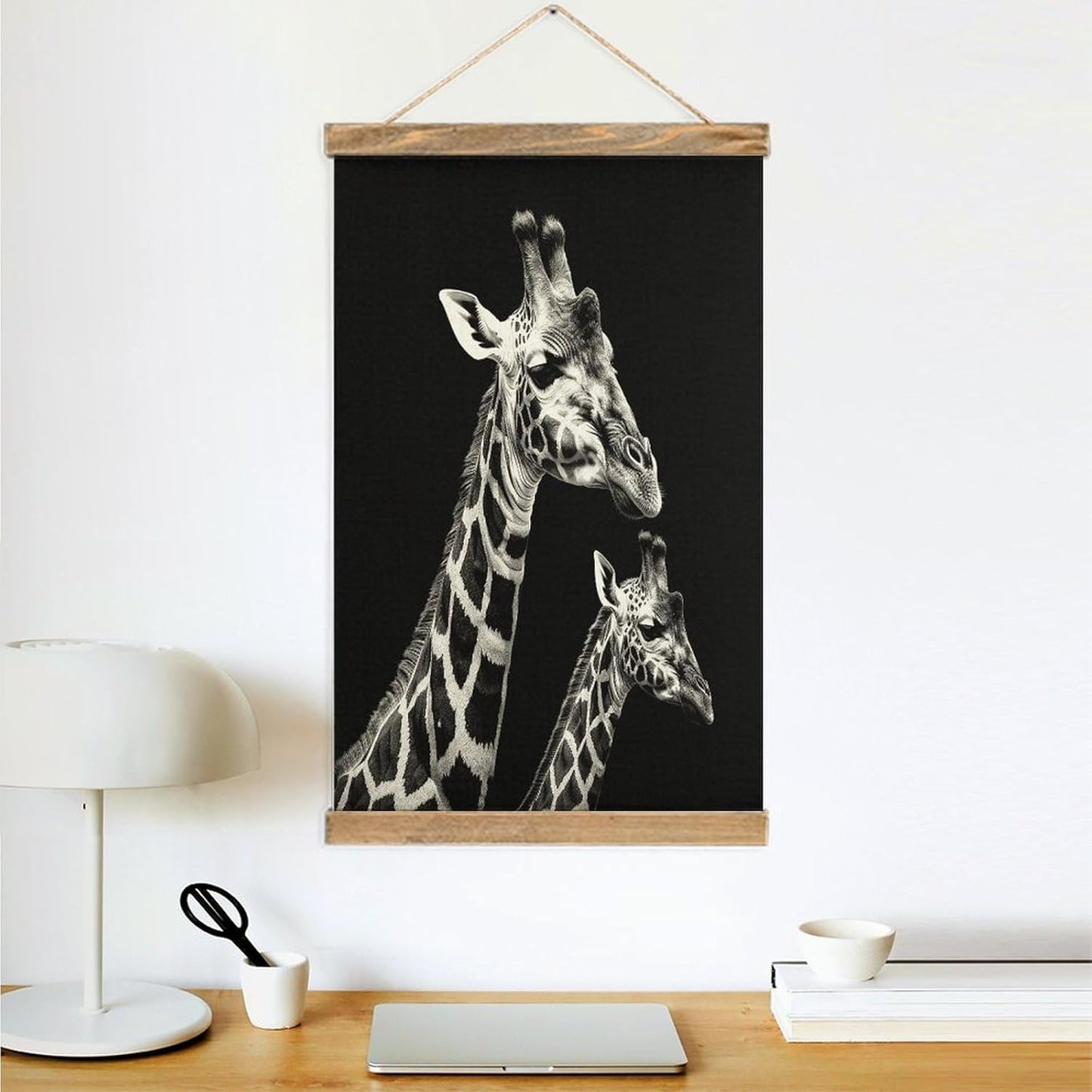 Vintage Black Giraffe Poster with Wooden Frame Personalized Linen Hanging Scroll Painting Rustic Wall Hanging Illustrative Modern Artwork Decor for Home Living Room Bedroom Office