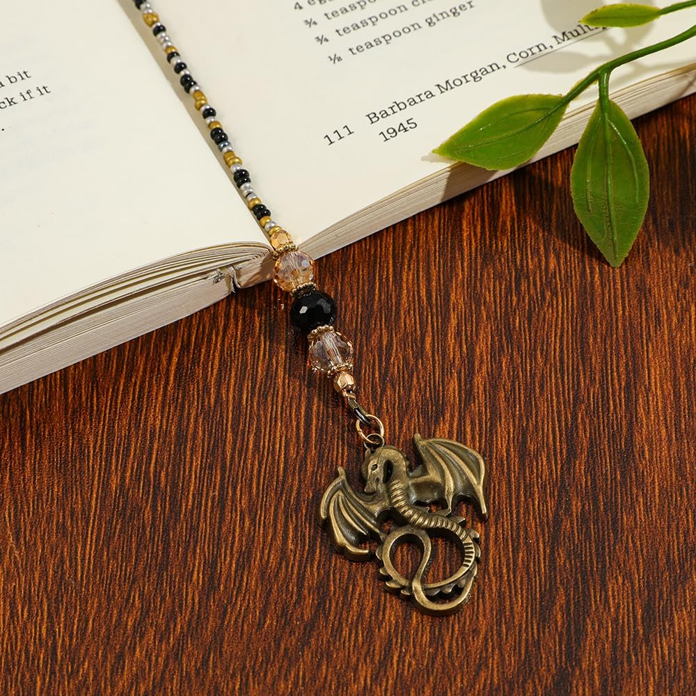 Fantasy Dragon Sword Bookmark - Crystal Beaded Bookmark Chain Mystical Aesthetic Dragon Charm Pendant Fourth Wing Dragon Book Lovers Book Gift Student School Supplies