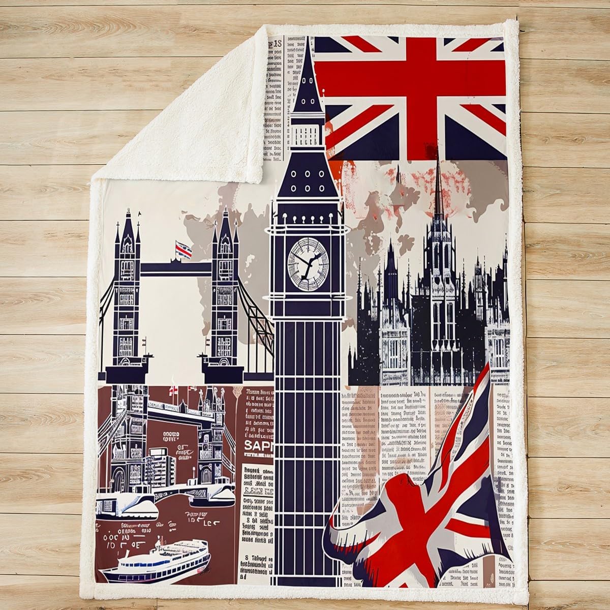 Manfei London Throw Blanket Telephone Booth Big Ben Bus Print Bed Blanket for Kids Boys Teens, British Flag and Map Print Fleece Blanket Modern City Cozy Fuzzy Blanket, Queen Size (90 x 90 Inches)