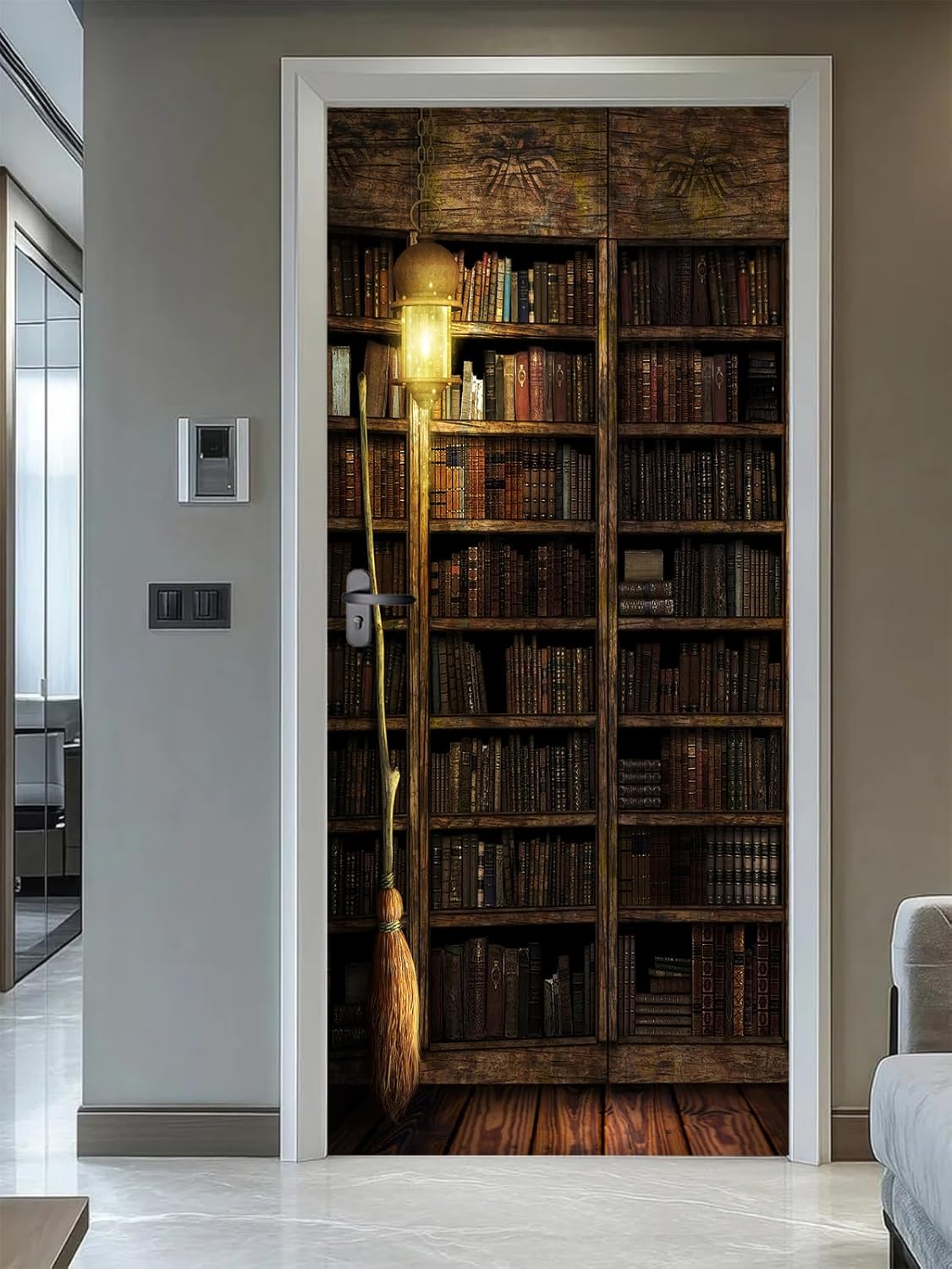 artfanke 3D Vintage Bookshelf Peel and Stick Door Sticker 33.5"x84.6"-Self-Adhesive Door Murals Wallpaper Removable Wall Decals for Home Decor (2 Sheets/Set)