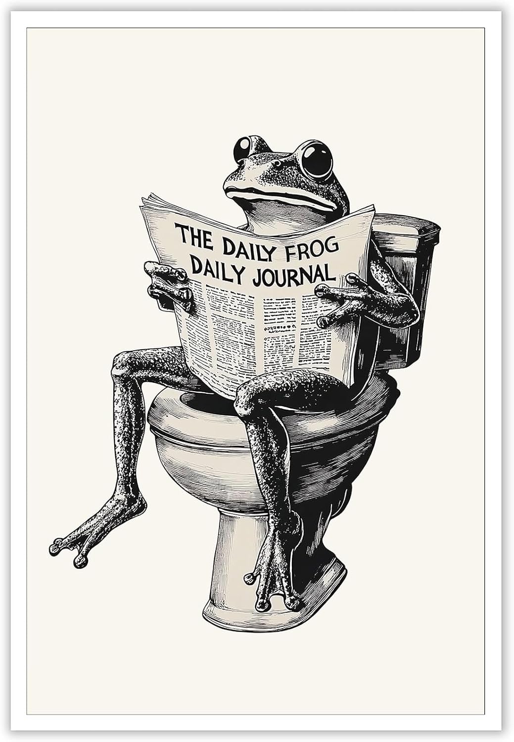 FBKDVC Bathroom Frog Poster Funny On Toilet Canvas Wall Art Black And White Funky Reading Newspaper Print Quirk Animal Picture For Restroom Guestroom 16x24in Unframed