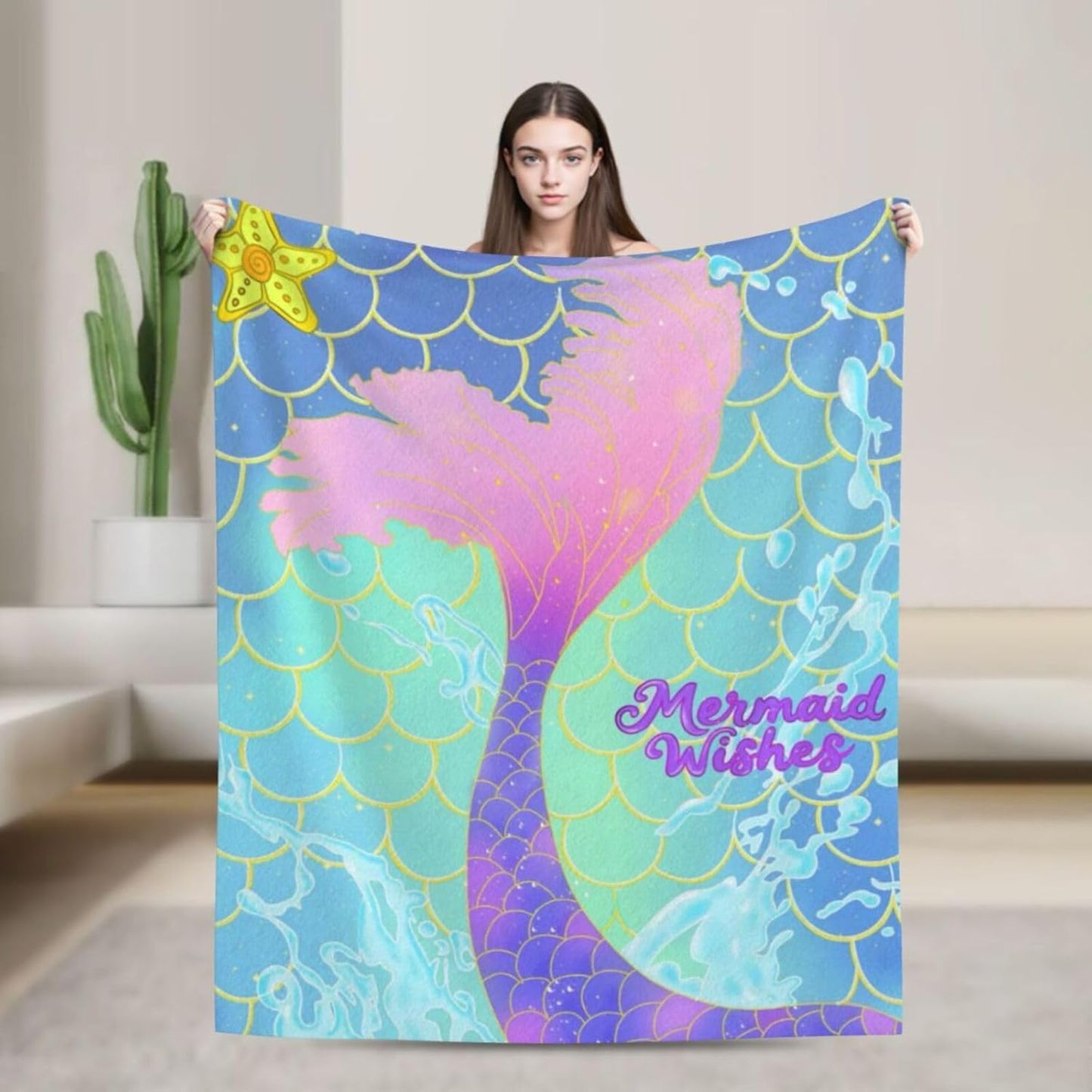 Mermaid Blanket, Cute Mermaid Tail Scales Fuzzy Soft Cozy Warm Mermaid Throw Blanket for Girls Kid, Fleece Blankets Couch Sofa Bedroom Nursery Bed Throws Blankets 50x 60inch