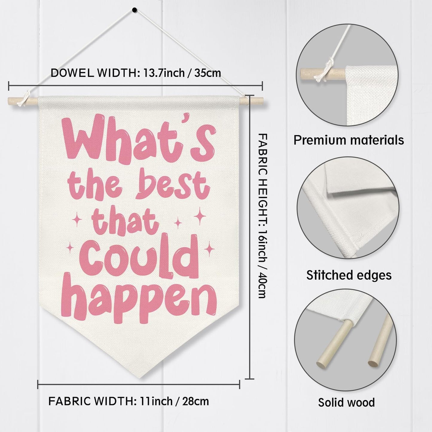 Motivational Quote Canvas Wall Banner – What’s the Best That Could Happen,Retro Pink Inspirational Poster, Wall Hanging Canvas Flag with Wooden Rod for Teen Girl Room, Dorm, Office, Classroom Decor, 11x16 Inch(KD06)