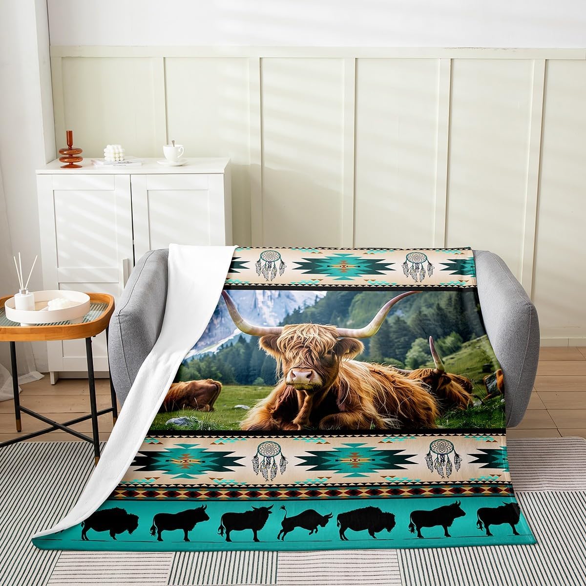 Highland Cow Blanket Longhorn Bull Southwestern Native Aztec Throw Blanket Cowgirl Farm Animals Fleece Blanket Exotic Nordic Dream Catcher Twin 60x80 Inch Flannel Blanket African Tribal