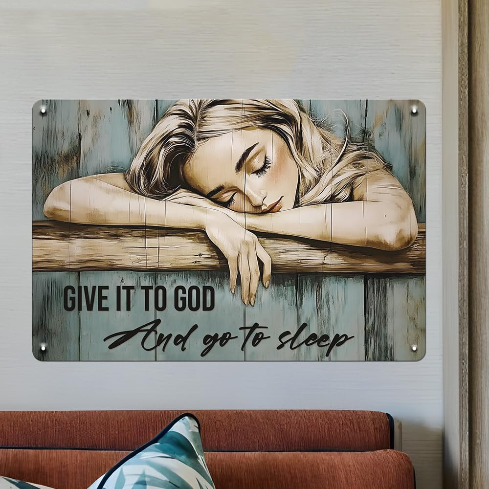 Seeyoo Metal Tin Sign Wall Art - 'Give It to God and Go to Sleep' - Vintage Rustic Metal Sign 7.8 x 11.8 Inch, Christian Home Decor for Bedroom, Living Room, or Gift for Faith Lovers