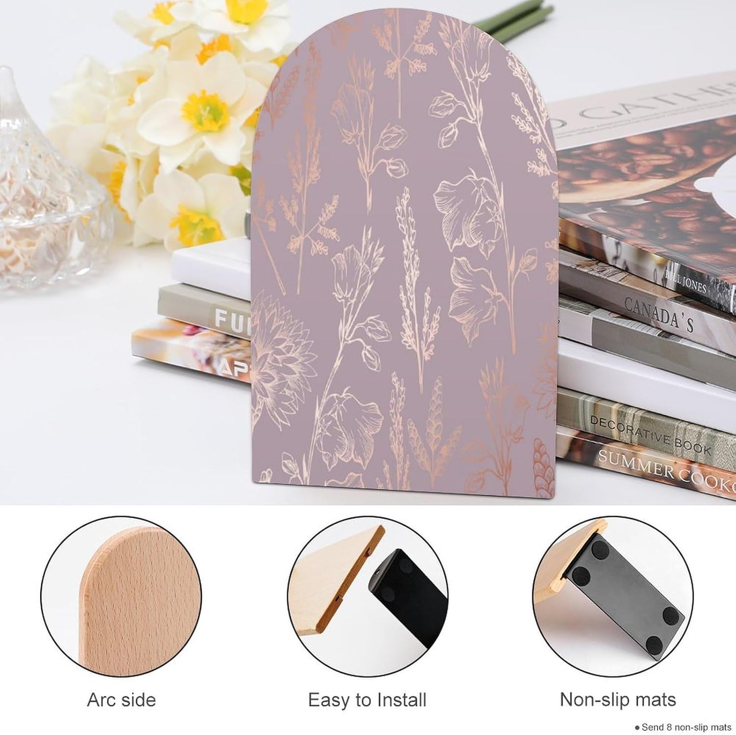 Rose Gold Floral Wooden Bookend Non-Slip Book Ends Heavy Duty Book Stopper with Metal Base Books Holderd Decorative Bookends Stands Firmly for Office Supplies