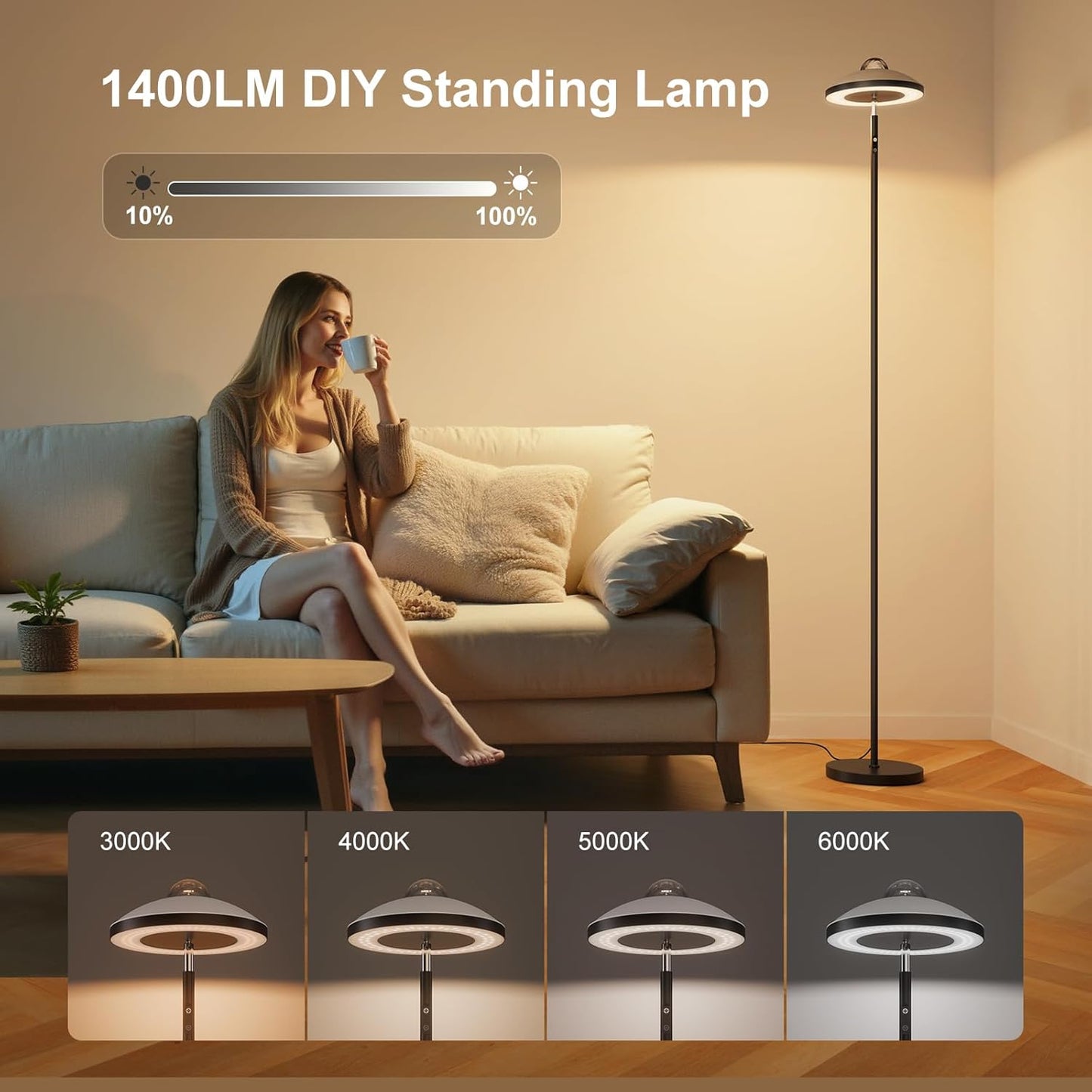 DUSKTEC Floor Lamp with RGB Star Projector, 15W 1400LM Dimmable 4 Color Temperatures LED Standing Lamp with Remote, Modern Tall Corner Lamp for Living Room, Bedroom, Office (Black)