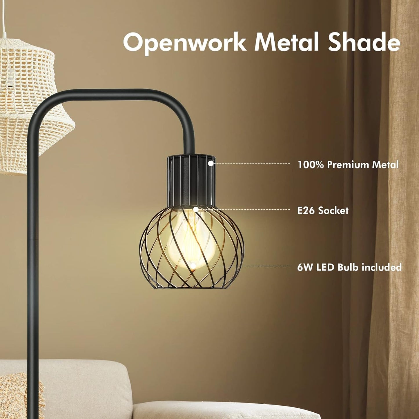 Industrial Floor Lamp, LED Standing Lamp Modern with 6W LED Bulb, Foot Switch, Metal Tall Lamps for Living Room, Bedroom, Office, Vintage Stand Up Light, Minimalist Farmhouse Floor Lamp in Black