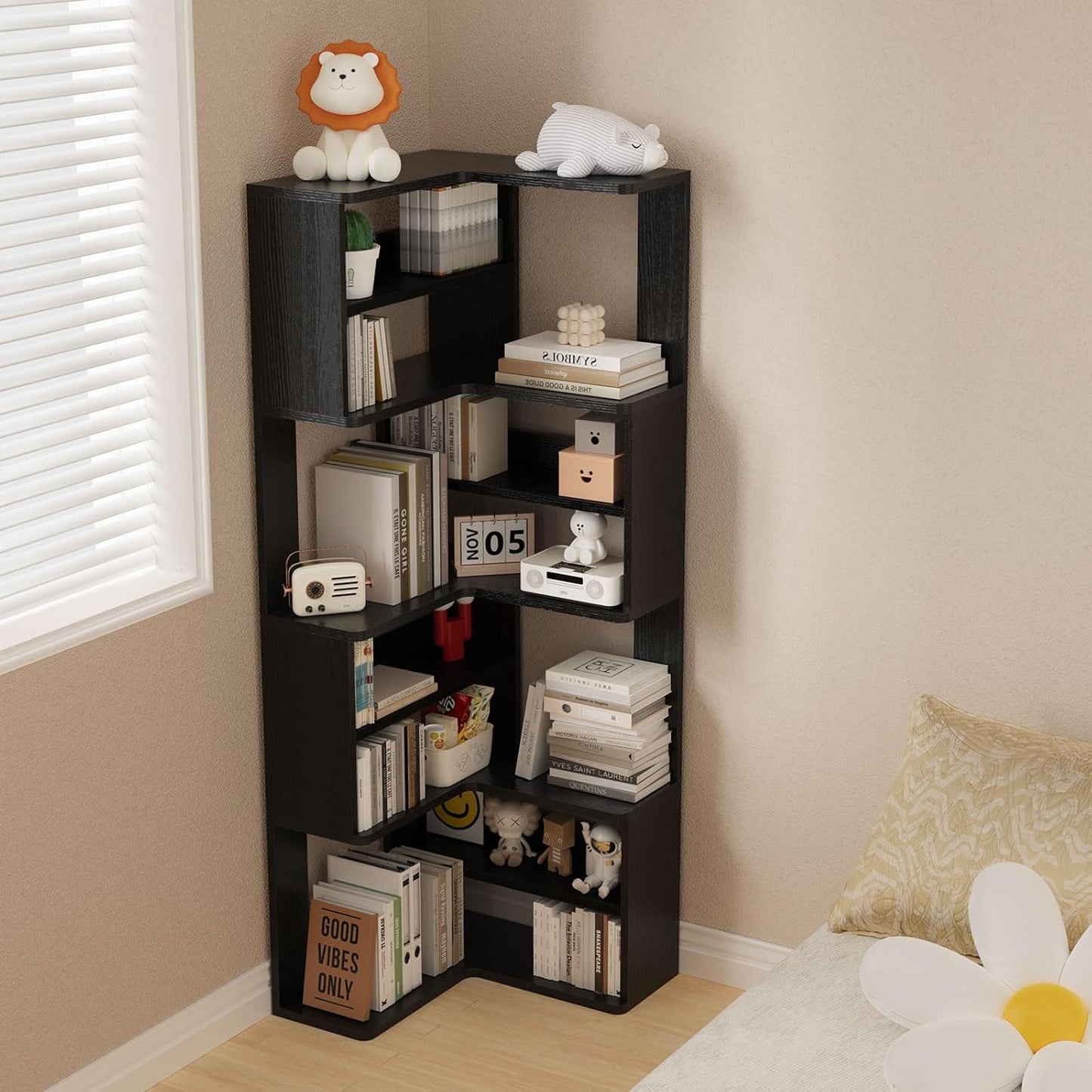 Lkeiyay 9-Tier Black Corner Bookcase, 65” Tall Space-Saving Modern Corner Bookshelf for Living Room/Bedroom, Sturdy Open Storage Unit with Multiple Shelves, Perfect for Home Office & Small Spaces
