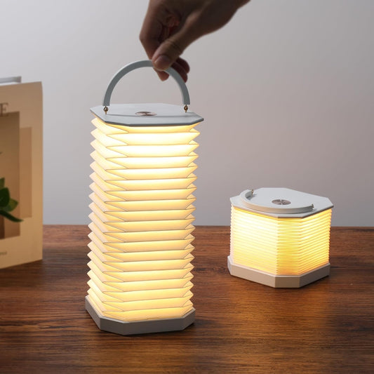 Portable Paper Lamp,White Accordion Desk Lamp,Japanese Lanterns lamp for Home Decoration and Gift,Dimmable Bedside Lamp,1200mAh USB Powered Night Light for Bedroom,Office,Reading （White