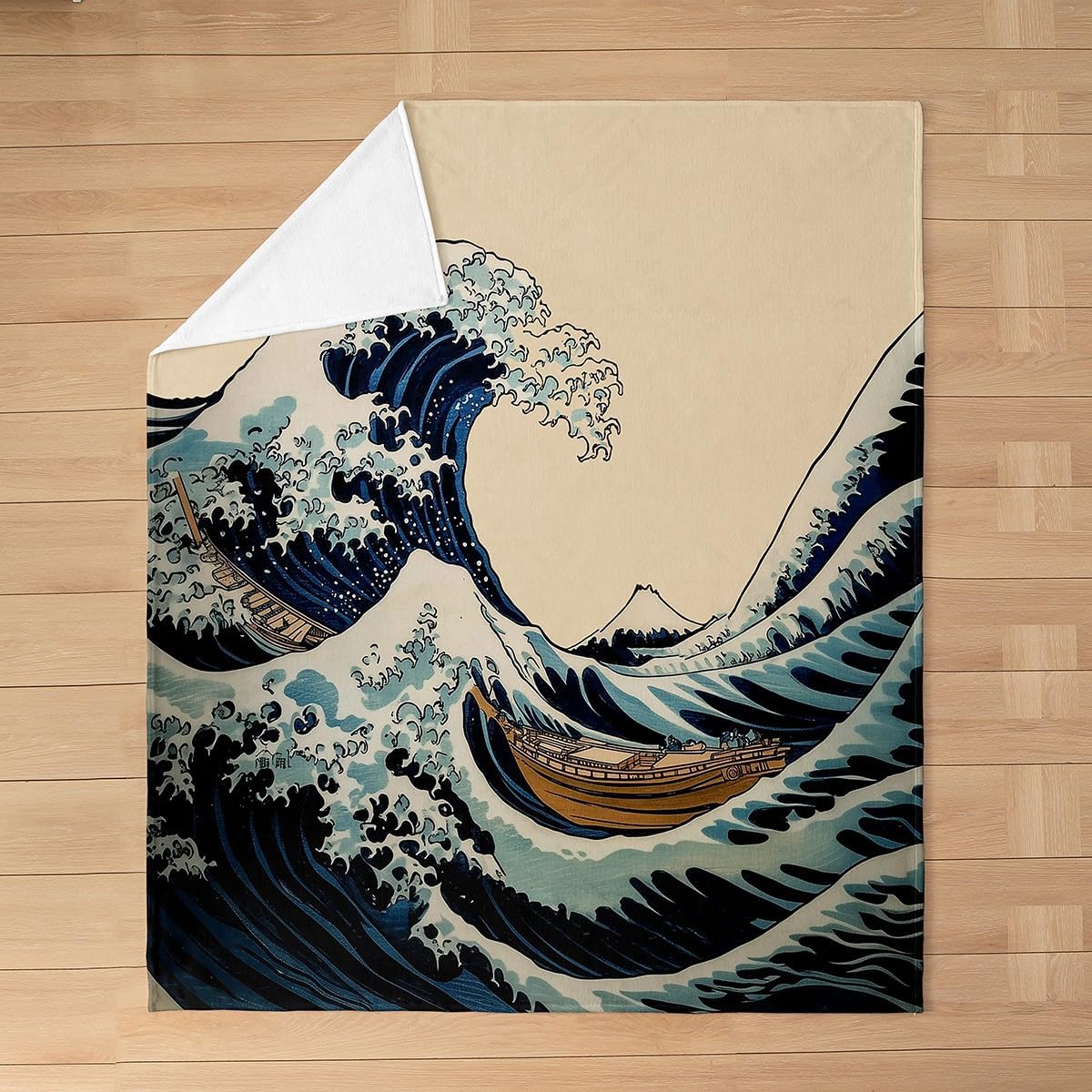 Japanese Wave Flannel Fleece Blanket Twin 60"x80" Kids Ocean Wave Plush Throw Blanket for Boys Girls Teens Boat Mount Fuji,All Season for Bed Sofa Couch Breathable Japanese Ukiyoe