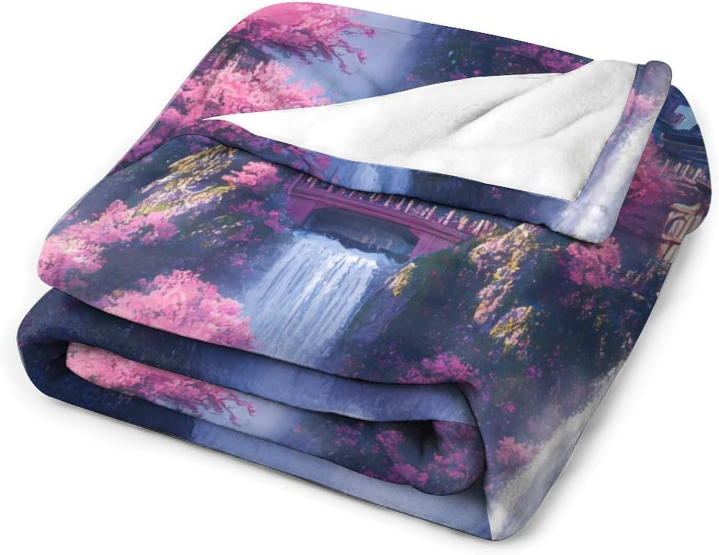 Japanese Building On Mountains Waterfall Throw Blanket for Couch Bed Plush Cozy Fuzzy Flannel Blanket for All Season 55"x70"