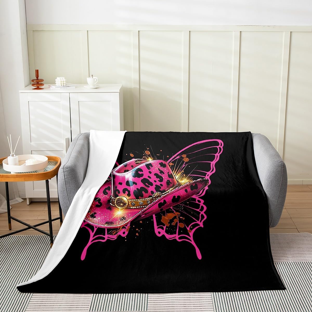 Erosebridal Leopard Fuzzy Plush Throw Baby 30x40 Inch Cheetah Fleece Blanket for Kids Girls Women Glitter Cowgirl Butterfly Hat Black Pink Lightweight Flannel Blanket