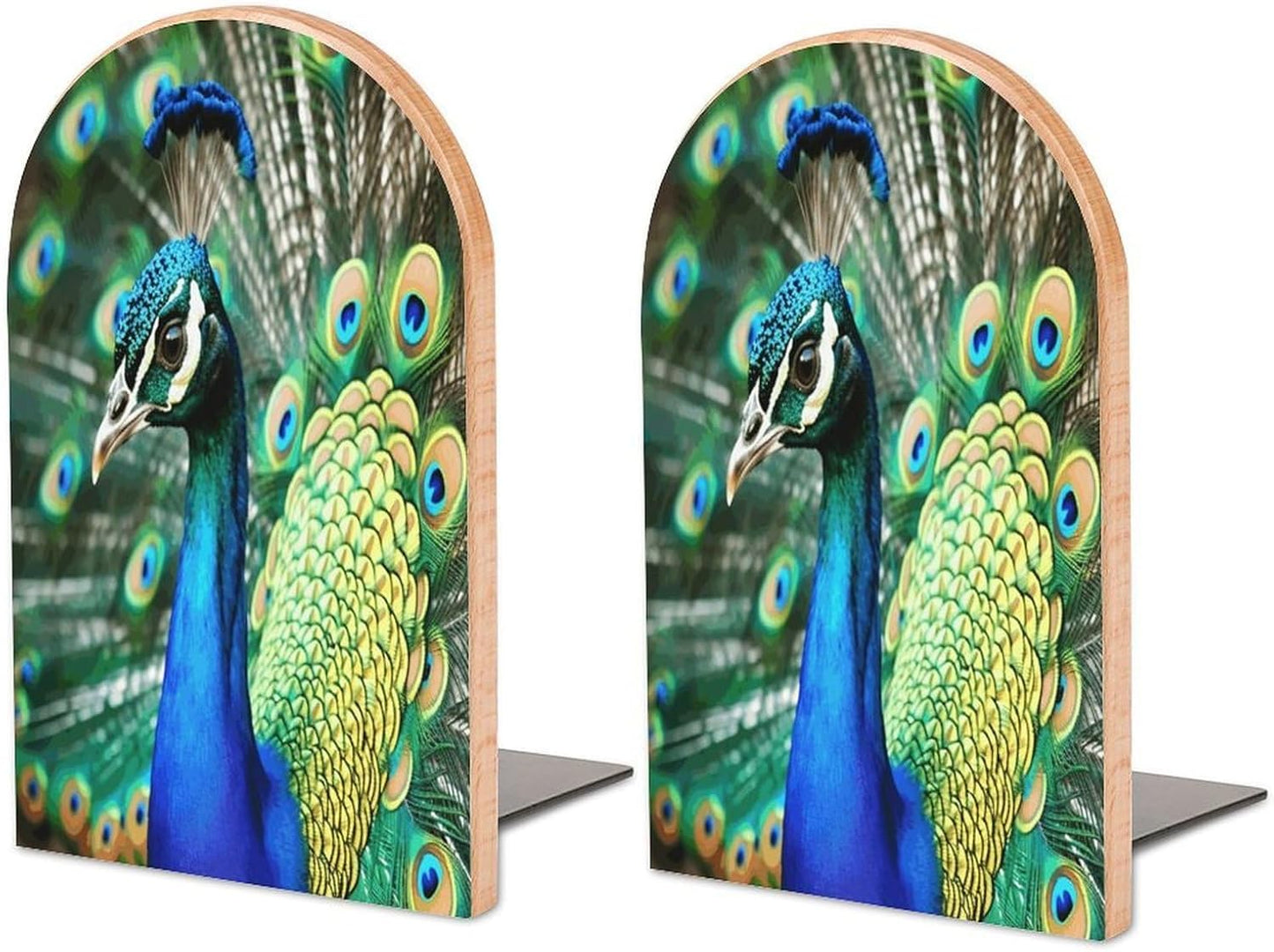Beautiful Peacock Bookend for Shelves Wooden Book End Large Size Sturdy Book Holders Stoppers with Metal Base for Bookshelves Slick Decorative Bookends Stands