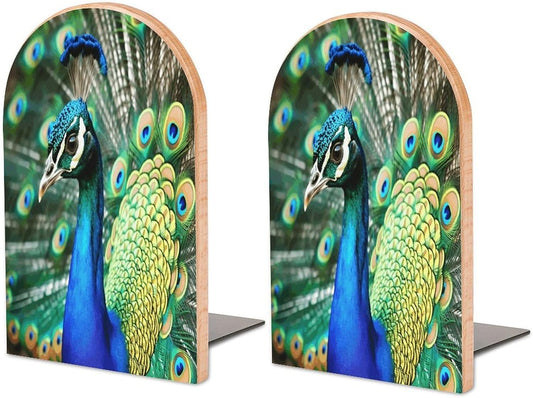 Beautiful Peacock Bookend for Shelves Wooden Book End Large Size Sturdy Book Holders Stoppers with Metal Base for Bookshelves Slick Decorative Bookends Stands