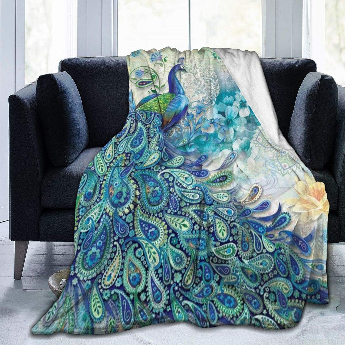 Peacock & Vintage Botanical Flannel Fleece Throw - Ultra Soft, Cozy, Warm & Lightweight Microfleece Blanket (80" x 60")