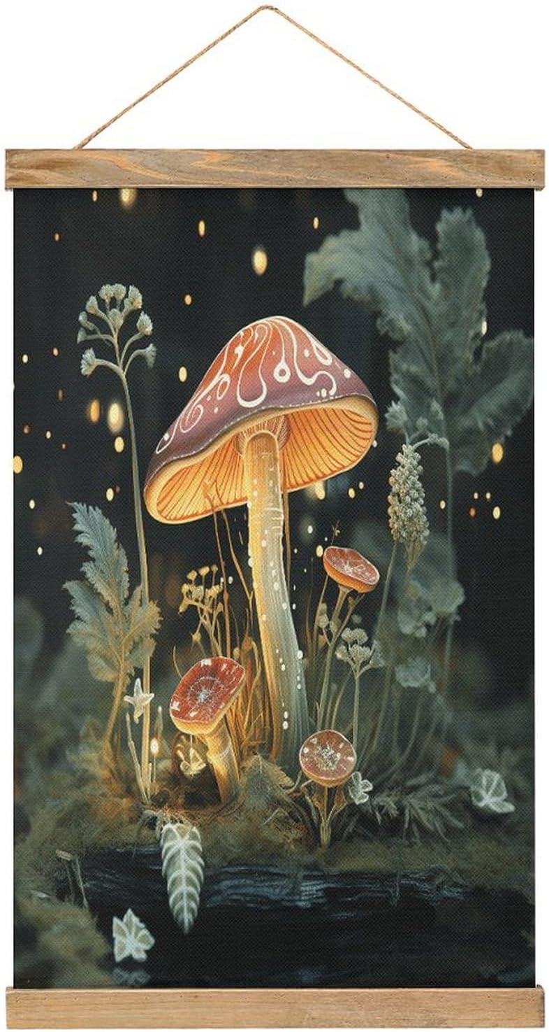 Vintage Butterfly Mushroom Poster with Wooden Frame Personalized Linen Hanging Scroll Painting Rustic Wall Hanging Illustrative Modern Artwork Decor for Home Living Room Bedroom Office