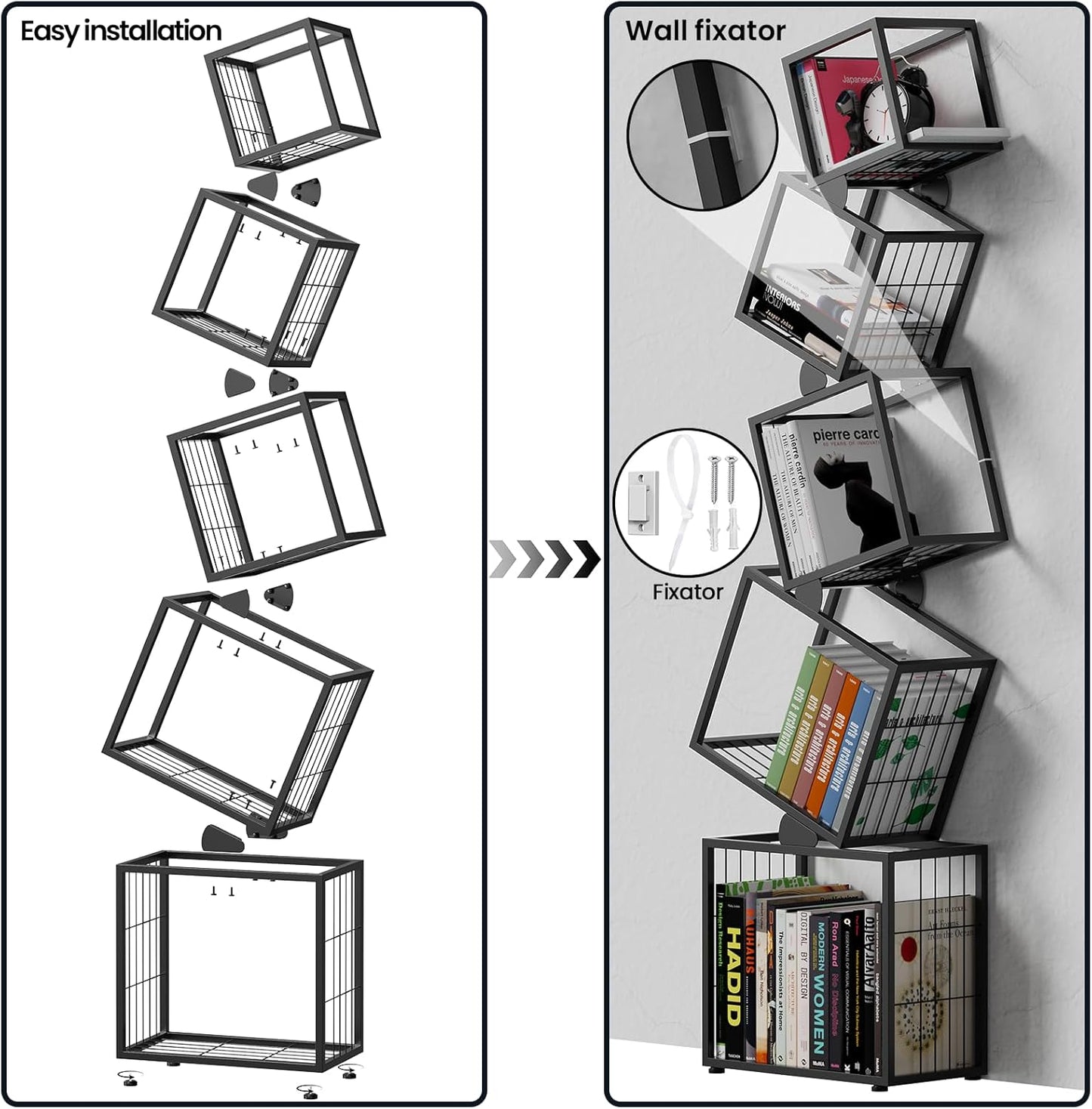 5-Tier Skinny Bookshelf with Unique Geometric Design - Modern Metal Bookcase, Space-Saving Narrow Organizer for Living Room, Bedroom, Office, Corner - Black