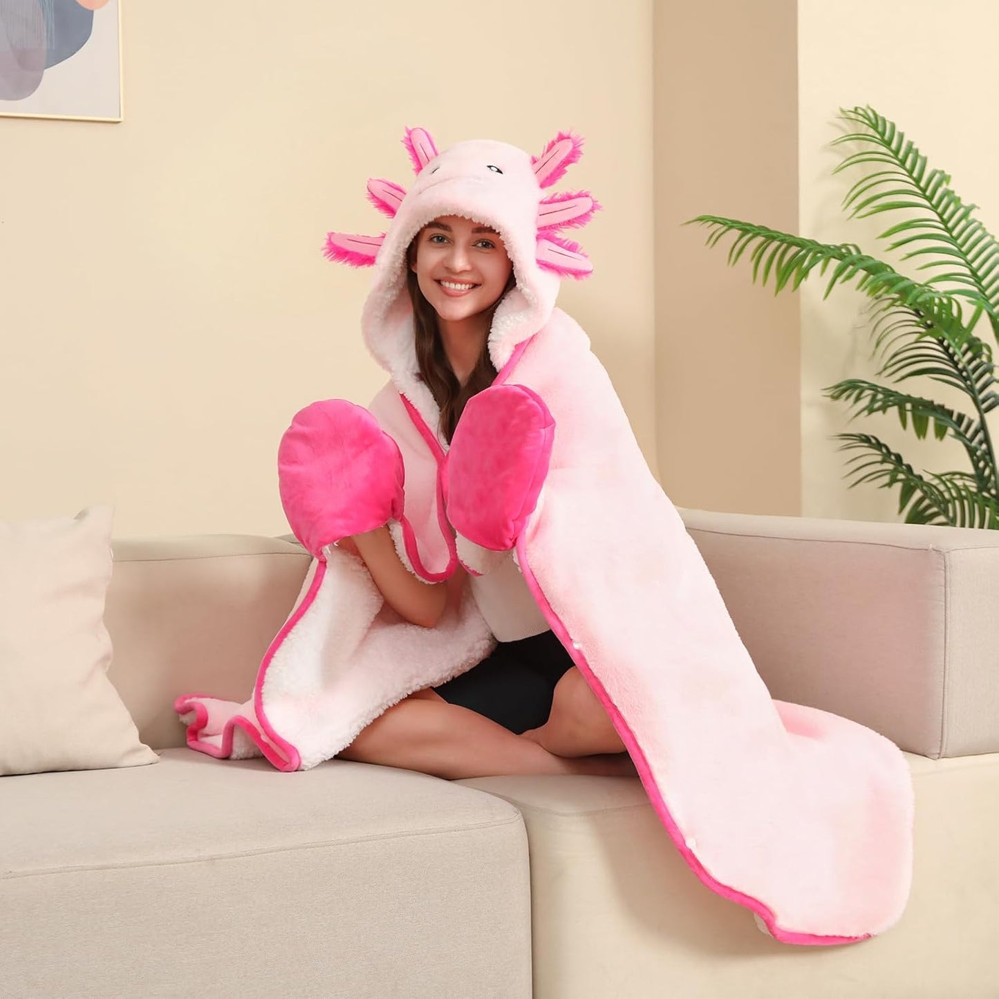 Axolotl Wearable Blanket Hoodie for Women & Kids, Premium Soft Thick Plush & Sherpa Fleece for Ultra Warmth, Pink Throw Wrap With Giant Hood, Easy Movement, Axolotl Gifts for Girls Adults, Oversized