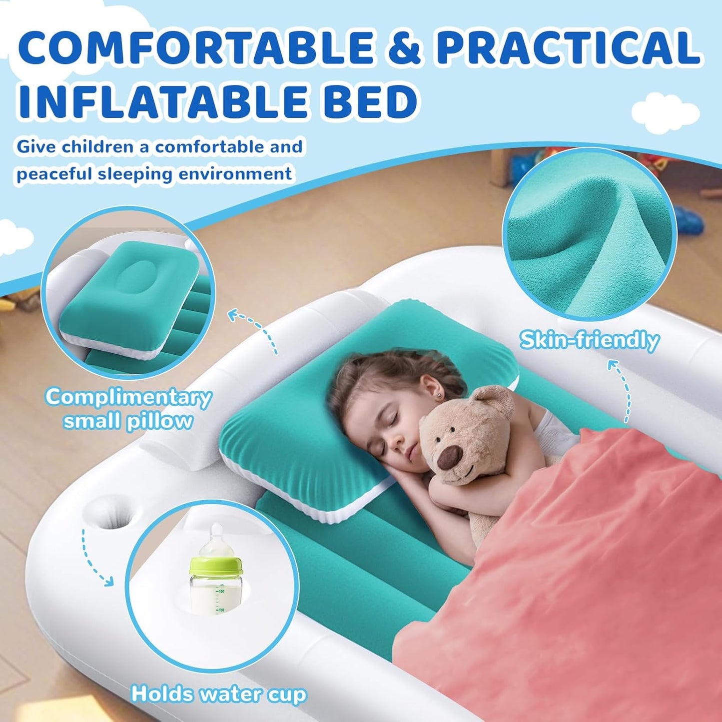 Inflatable Toddler Travel Bed - 60 Inches Portable Toddler Bed for Travel with Safety Sides - Cozy Kids Air Mattress Set with High-Speed Pump & Carry Case - Easy to Inflate(Teal Blue)