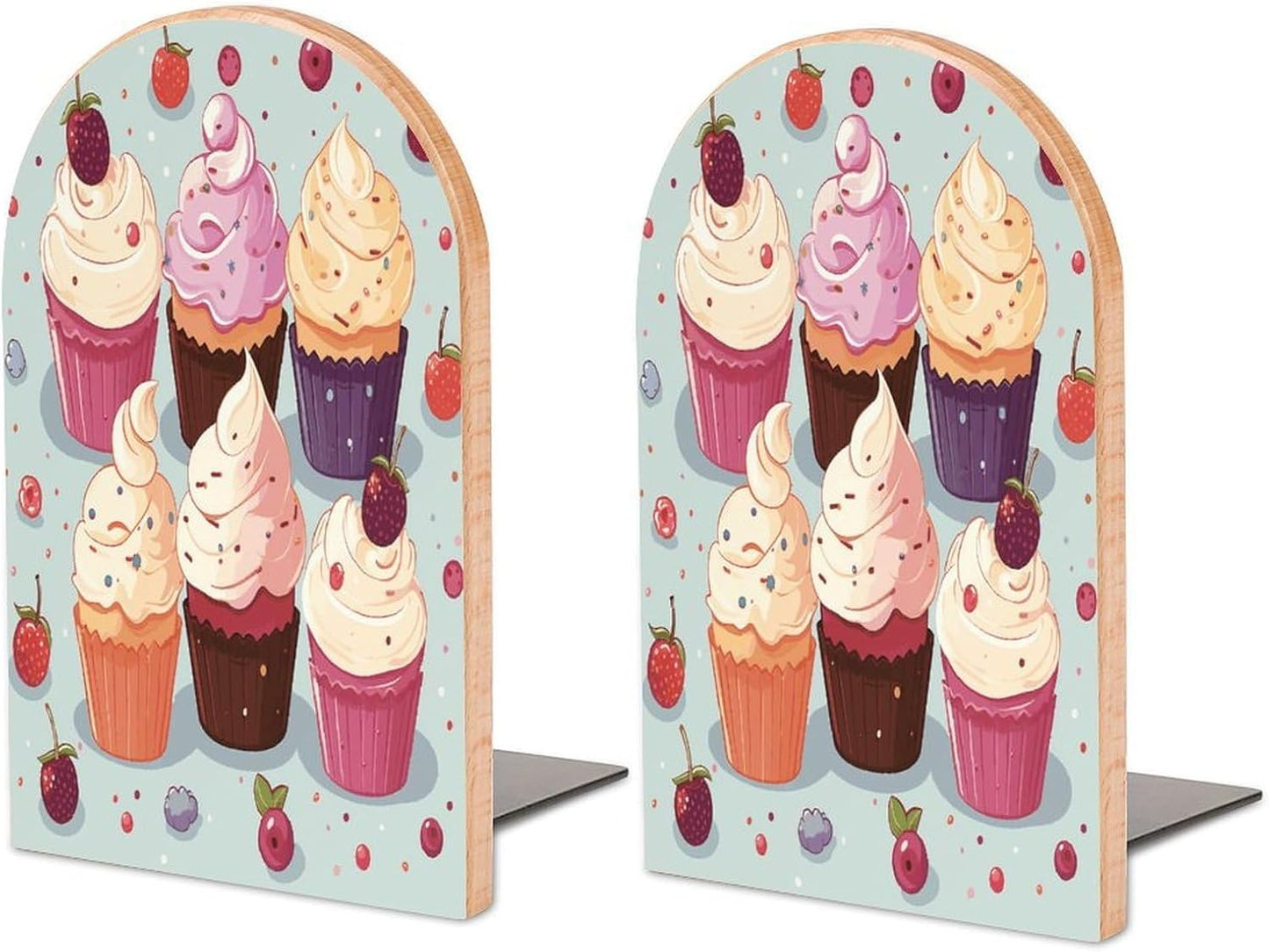 Delicious Cupcakes Bookend for Shelves Wooden Book End Large Size Sturdy Book Holders Stoppers with Metal Base for Bookshelves Slick Decorative Bookends Stands