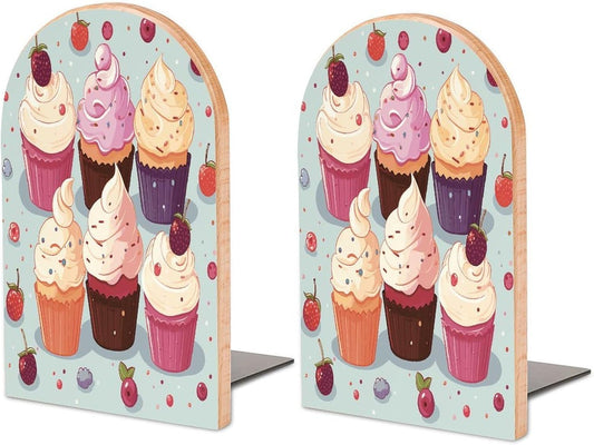 Delicious Cupcakes Bookend for Shelves Wooden Book End Large Size Sturdy Book Holders Stoppers with Metal Base for Bookshelves Slick Decorative Bookends Stands
