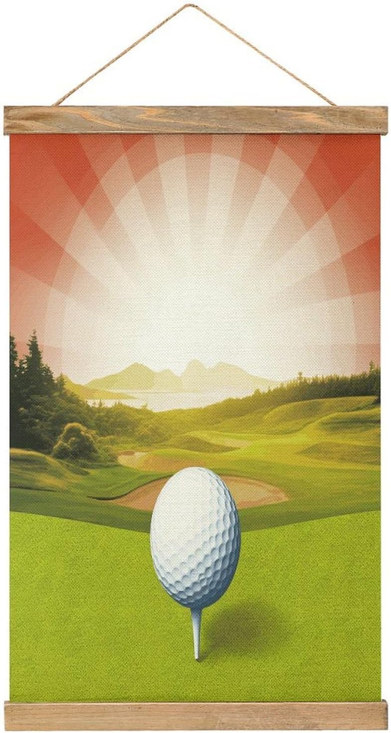 Vintage Golf Sport Poster with Wooden Frame Personalized Linen Hanging Scroll Painting Rustic Wall Hanging Illustrative Modern Artwork Decor for Home Living Room Bedroom Office