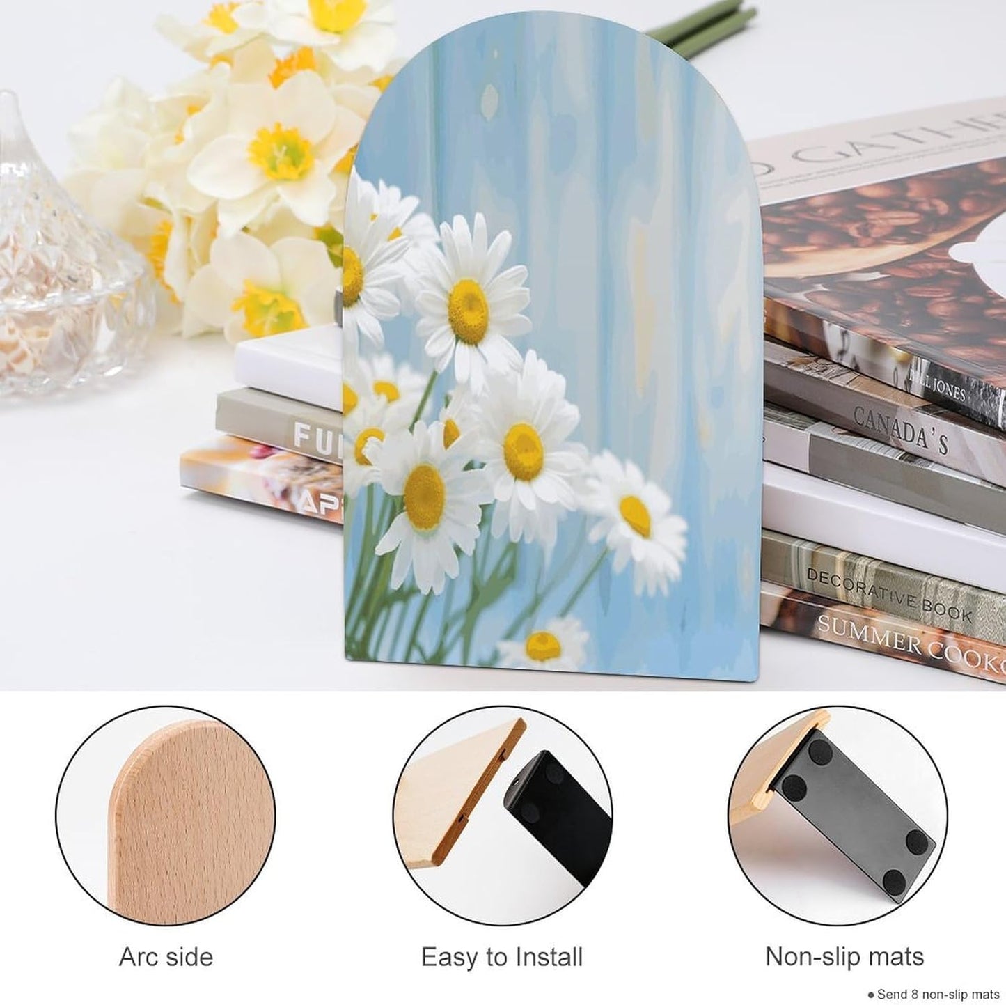Non-Slip Bookend for Shelves Elegant Spring Daisy Flowers Wooden Bookends with Metal Base Decorative Book Stopper for Home Heavy Duty Wood Book Storage for Books/CDs