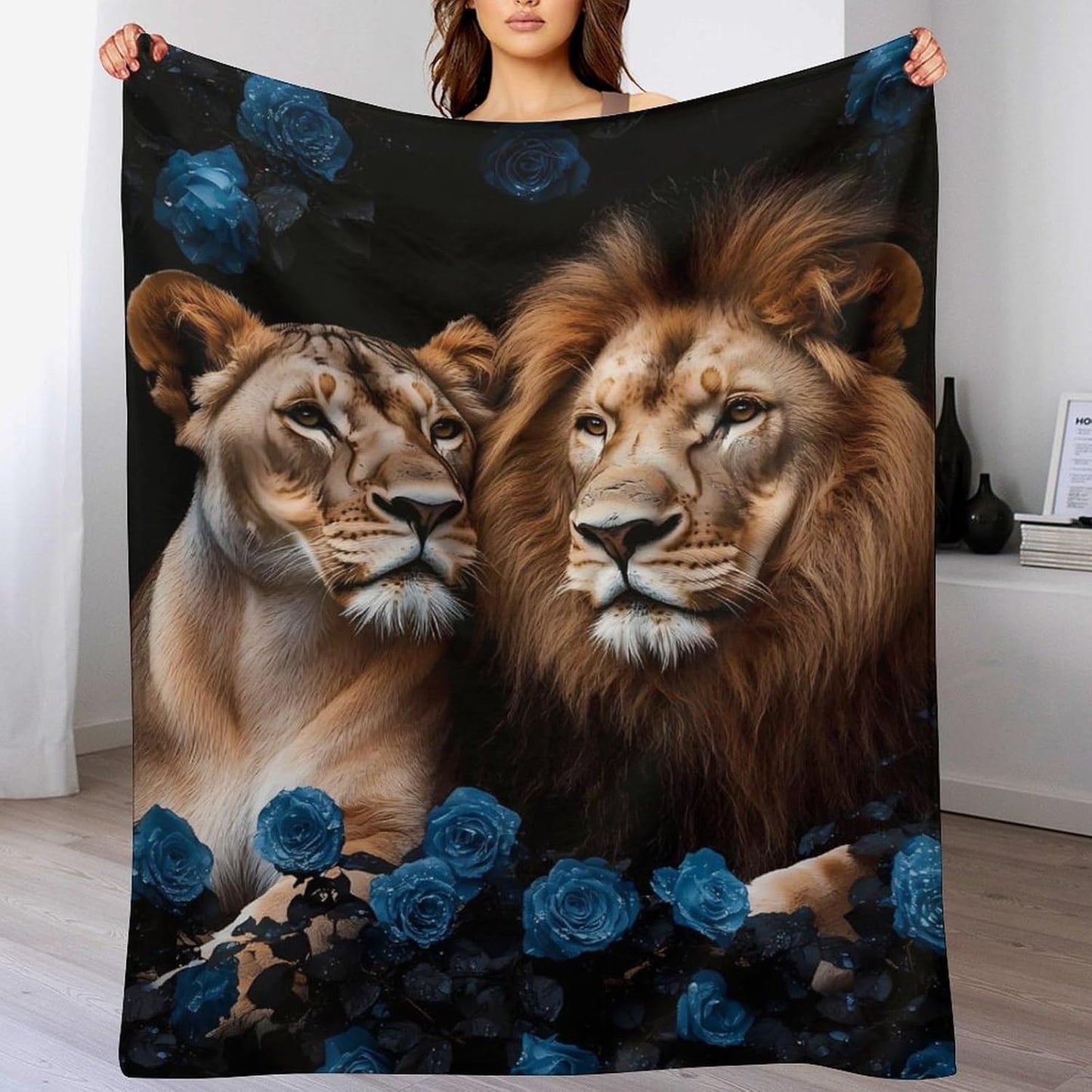 Lion Blue Rose Throw Blanket for Couch Bed Plush Cozy Fuzzy Flannel Blanket for All Season 40"x50"