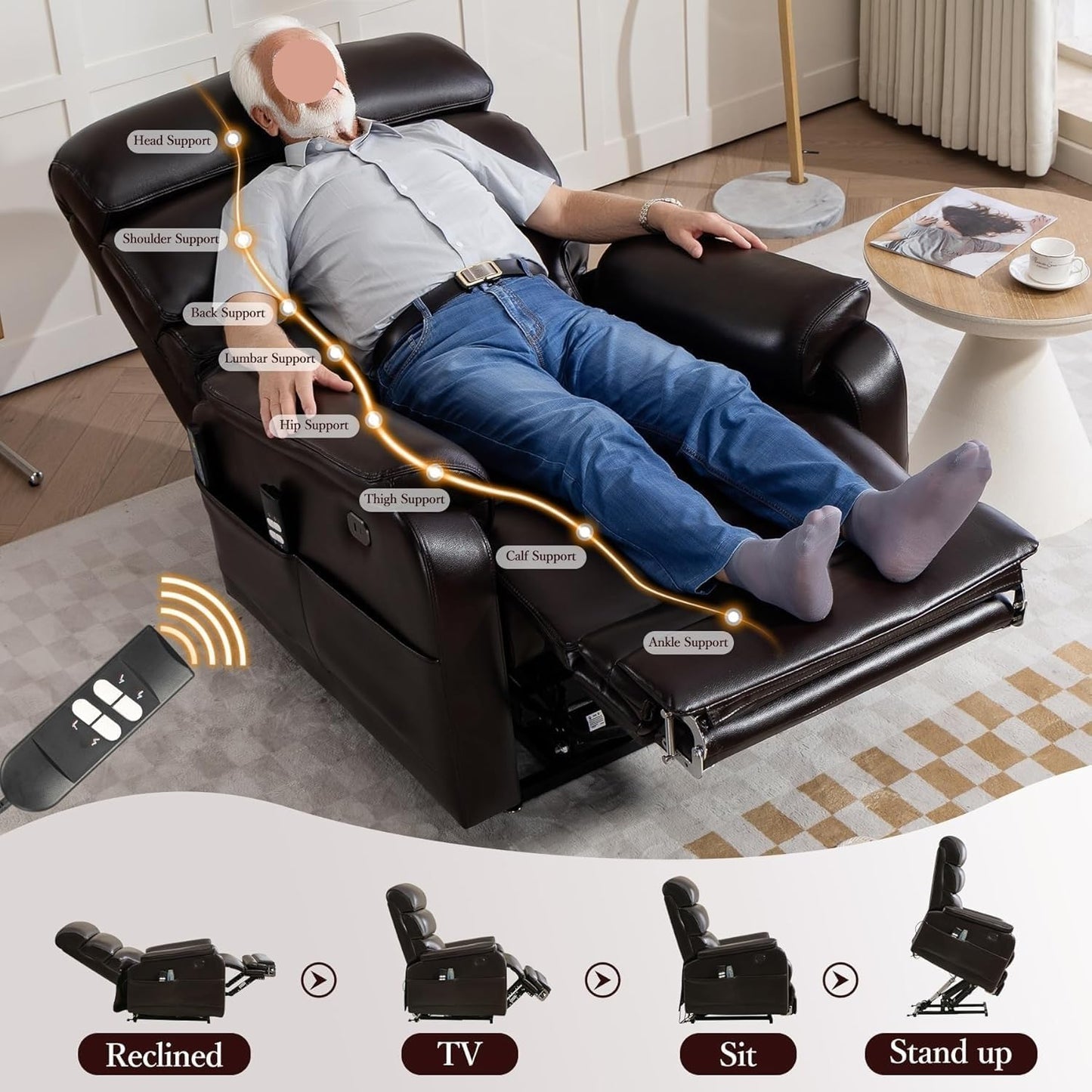 Big Tall Man Lay Flat Ergonomic Lounge Chair with Extended Footrest Single Power Lift Recliner Chairs Sofa Heat Massage for Home Theater Living Room Bedroom