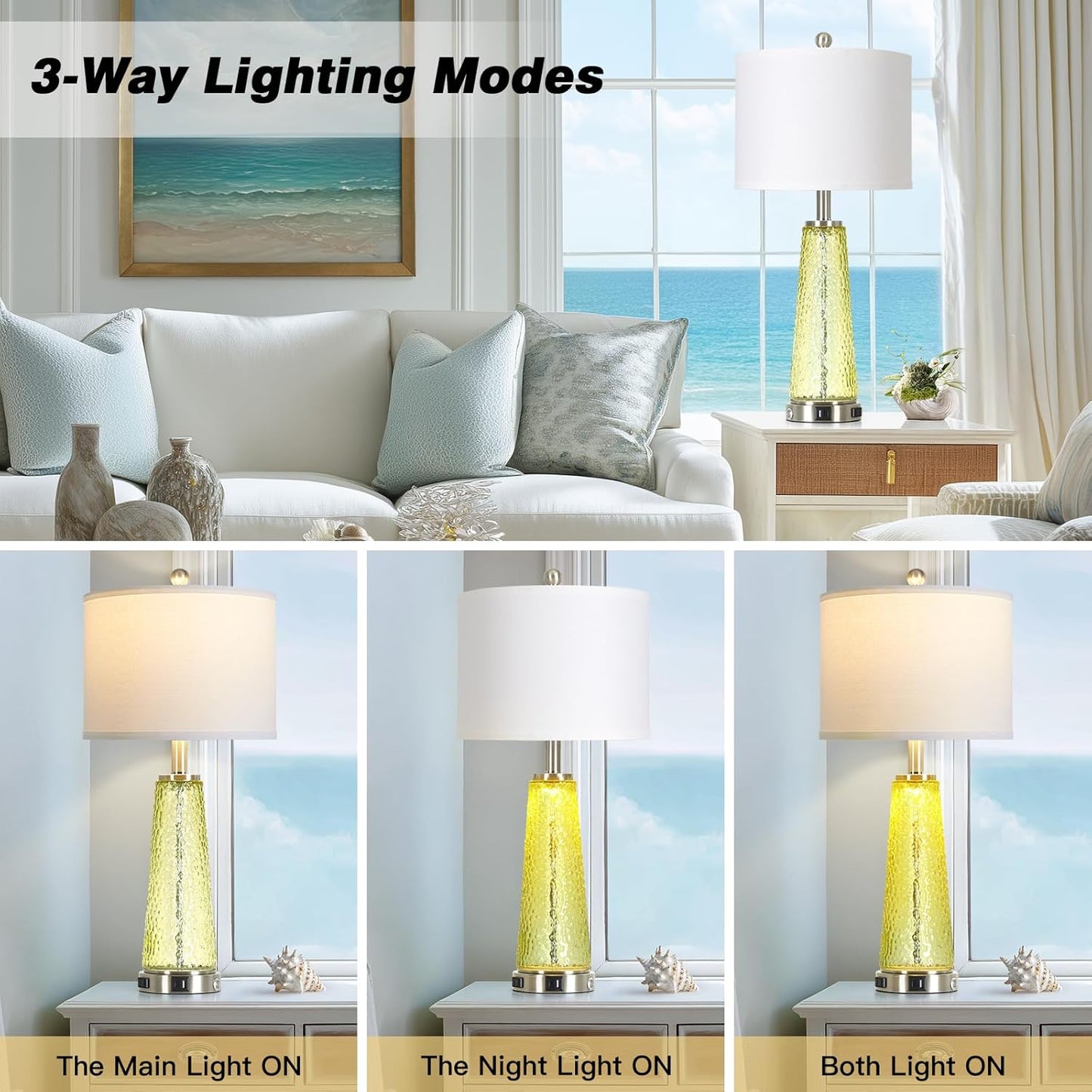 26" Gold Glass Table Lamps for Living Room Set of 2, Modern Bedside Lamp with USB A+C Ports & AC Outlet, Coastal Cracked Glass Nightstand Lamps with 2 LED Night Light for Bedroom End Table Amber Decor