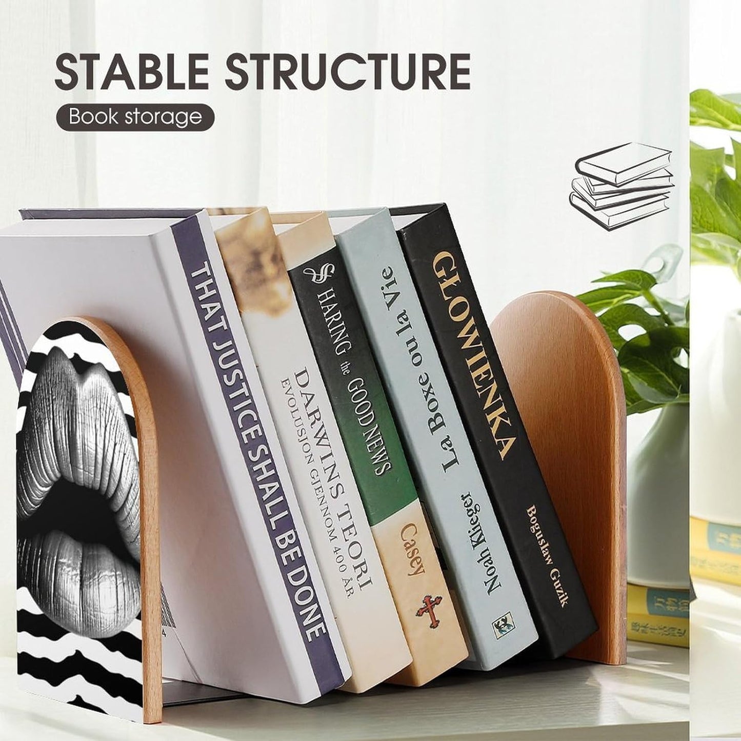 Lips Printed in Black and White Stripes Bookend for Shelves Wooden Book End Large Size Sturdy Book Holders Stoppers with Metal Base for Bookshelves Slick Decorative Bookends Stands