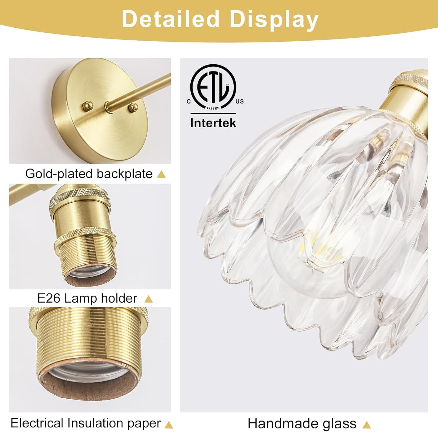 Hardwired Wall Sconces Set of Two, Vintage Wall Lights with Clear Tulip Glass Lampshade, Gold Wall Lamps for Bedroom Bedside Stairway Bathroom Living Room (Bulbs Not Included, Not Battery Powered)