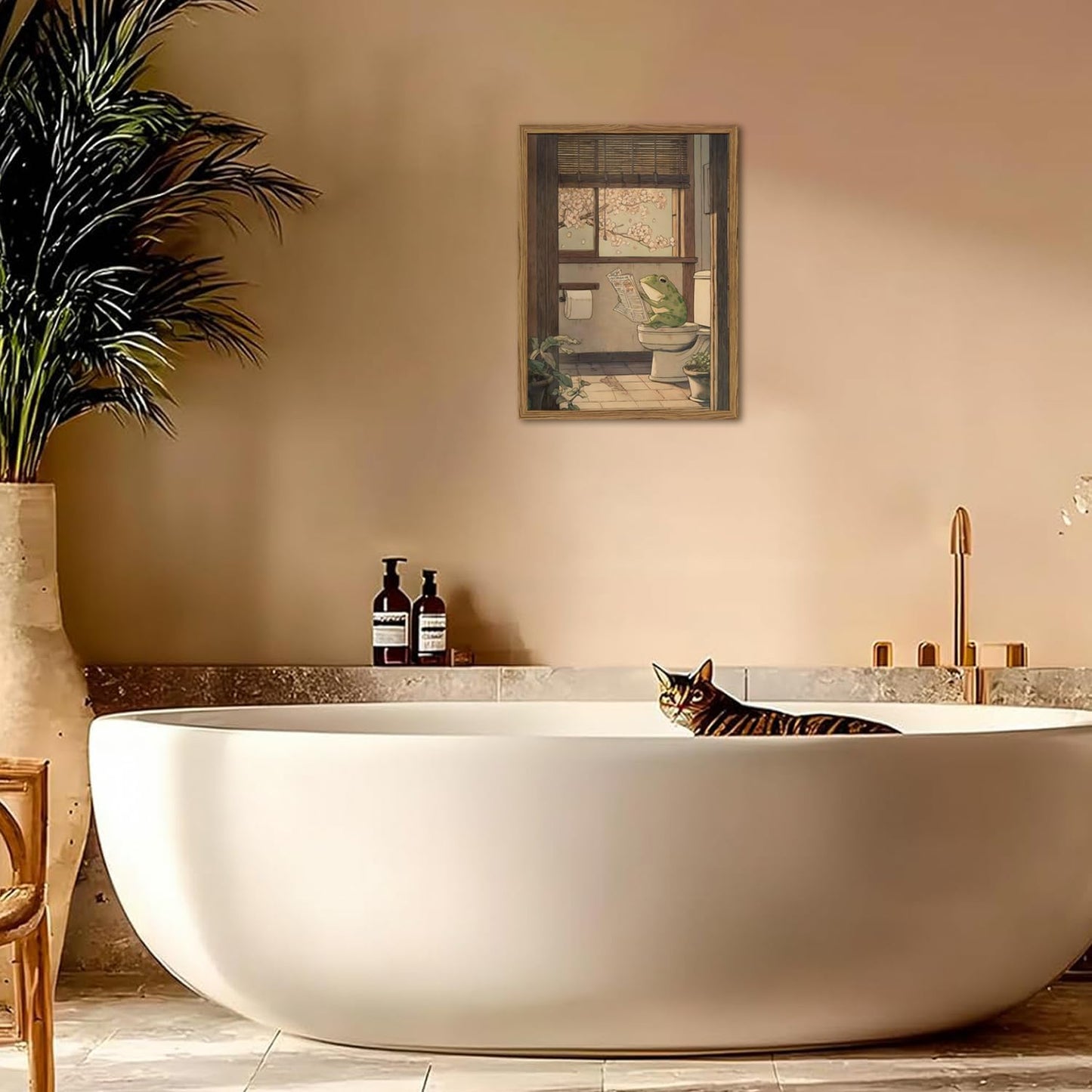 Funny Japanese Frog Bathroom Wall Art Whimsical Frog Reading Newspaper on Toilet Wall Decor Picture Vintage Animal Restroom Poster Canvas Painting Print 16x24 inch Wood Framed
