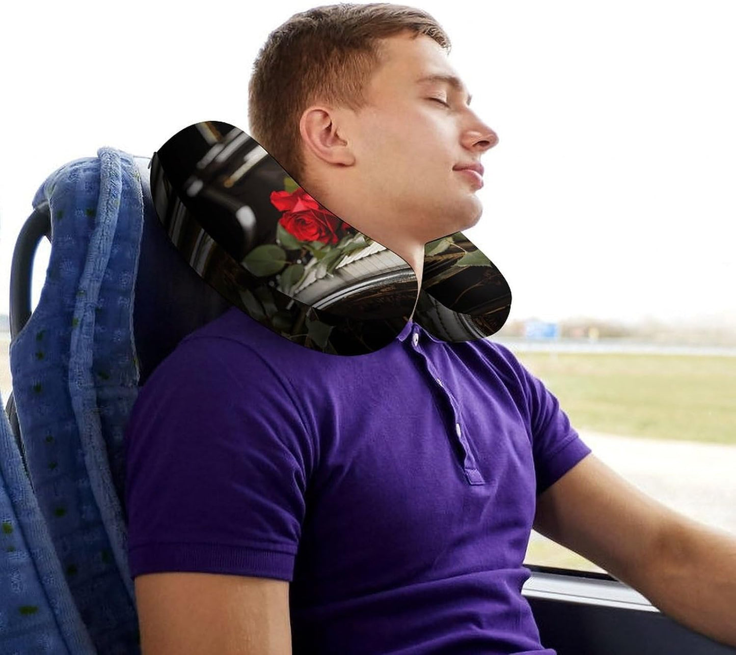 Red Rose on Piano Neck Pillow Memory Foam U Shaped Pillows Portable Pillows for Shoulder Travel Head Support Pillow with Concealed Zipper for Airplane Car Home Office