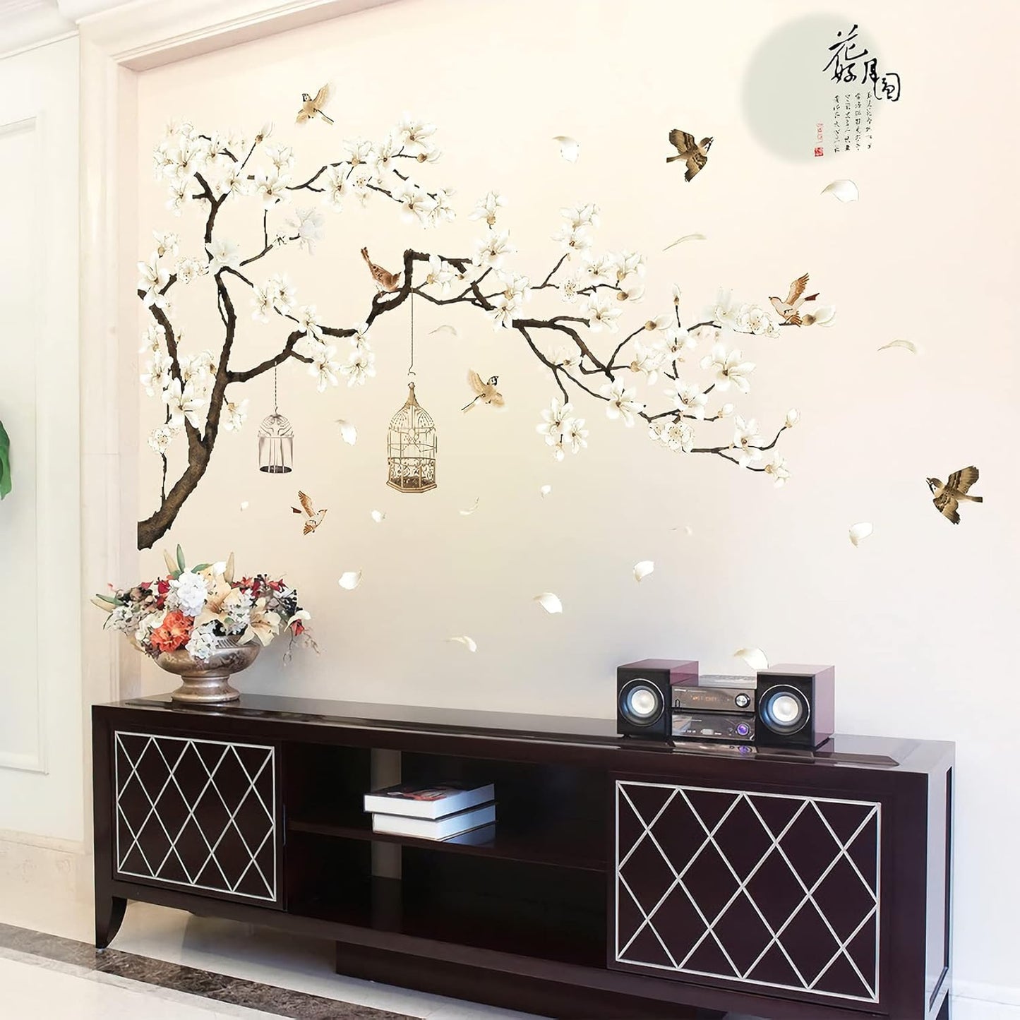 Large White Flower Wall Stickers, 50"x74" Removable DIY Romantic Cherry Blossom Tree Wall Murals Peel and Stick 3D Wall Art Stickers Home Decor for Gilrs Bedroom Nursery Rooms Living Room