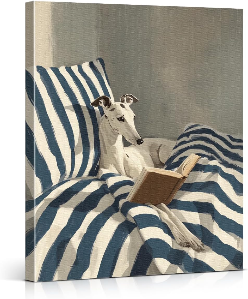 Funny Whippet Dog Reading Wall Art Cute White Dog in Bed Canvas Print Poster Minimalist Bookish Wall Decor for Bedroom Reading Nook 8x10 Inch Framed